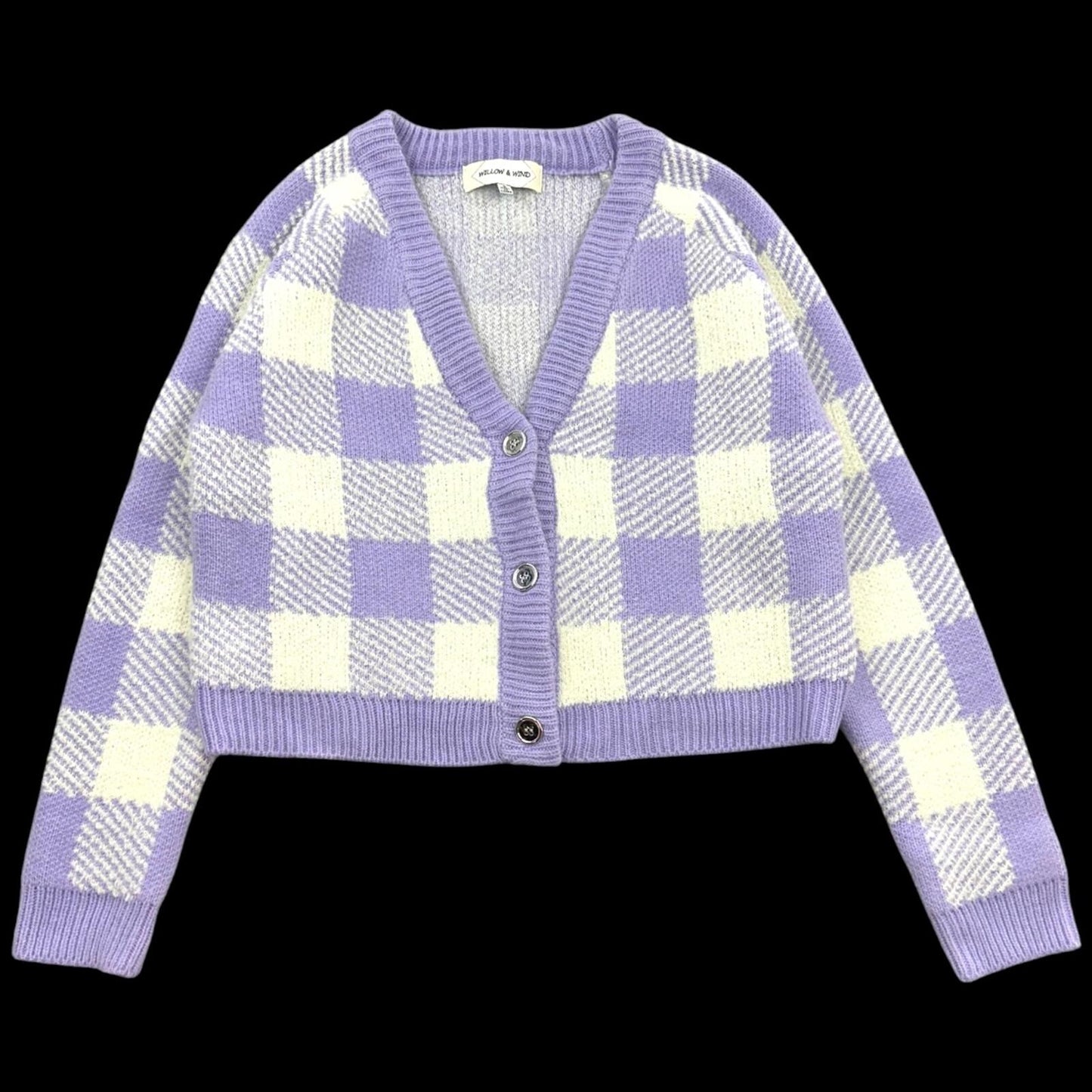 Willow & Wind Lavender White Plaid Cropped Cardigan Sweater Soft Girl Pastel Y2K