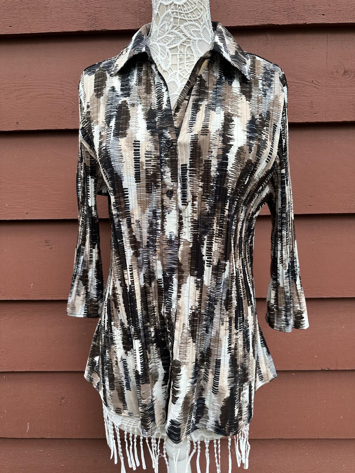 Laura Scott Abstract Print Button Front Tunic Blouse Boho Y2K Style