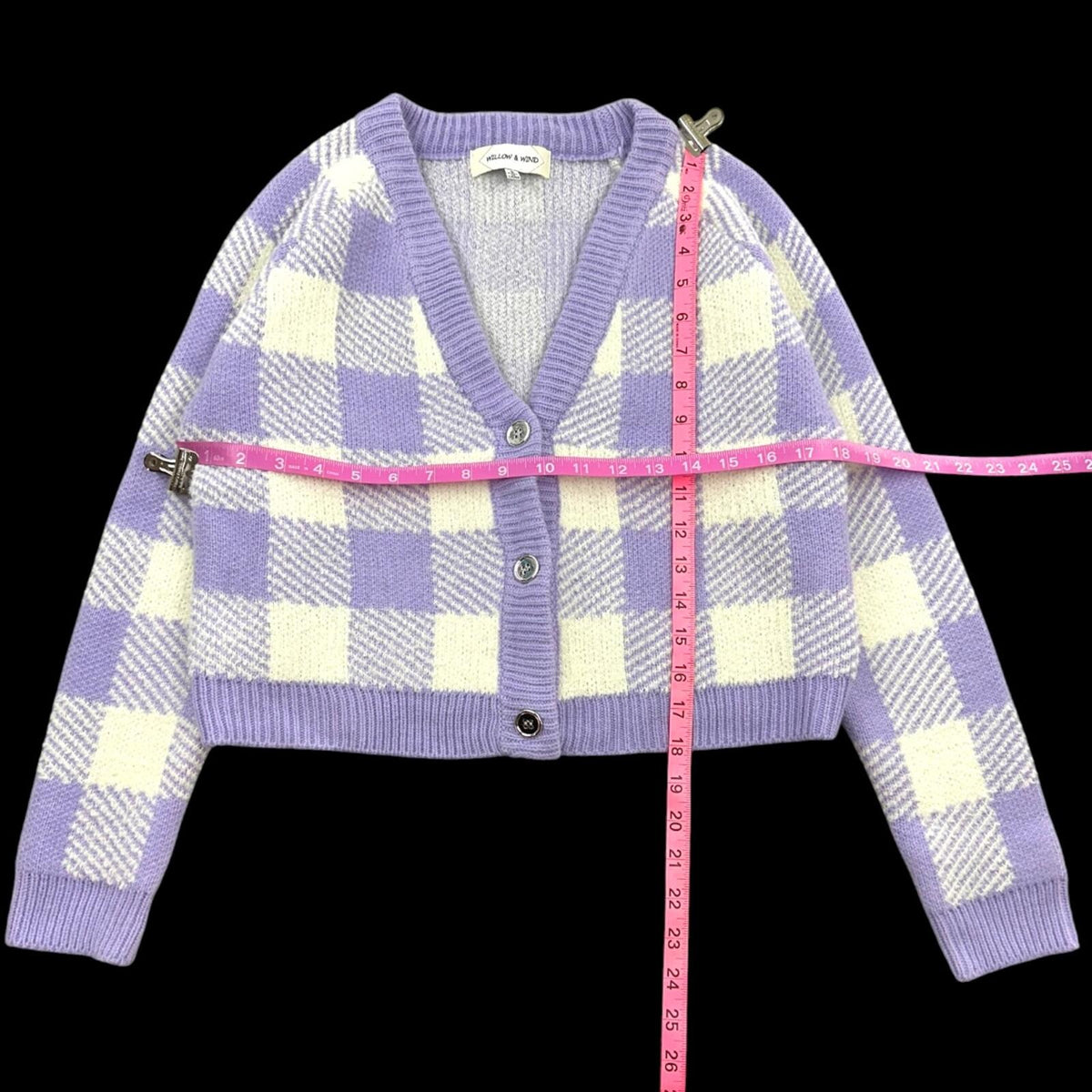 Willow & Wind Lavender White Plaid Cropped Cardigan Sweater Soft Girl Pastel Y2K