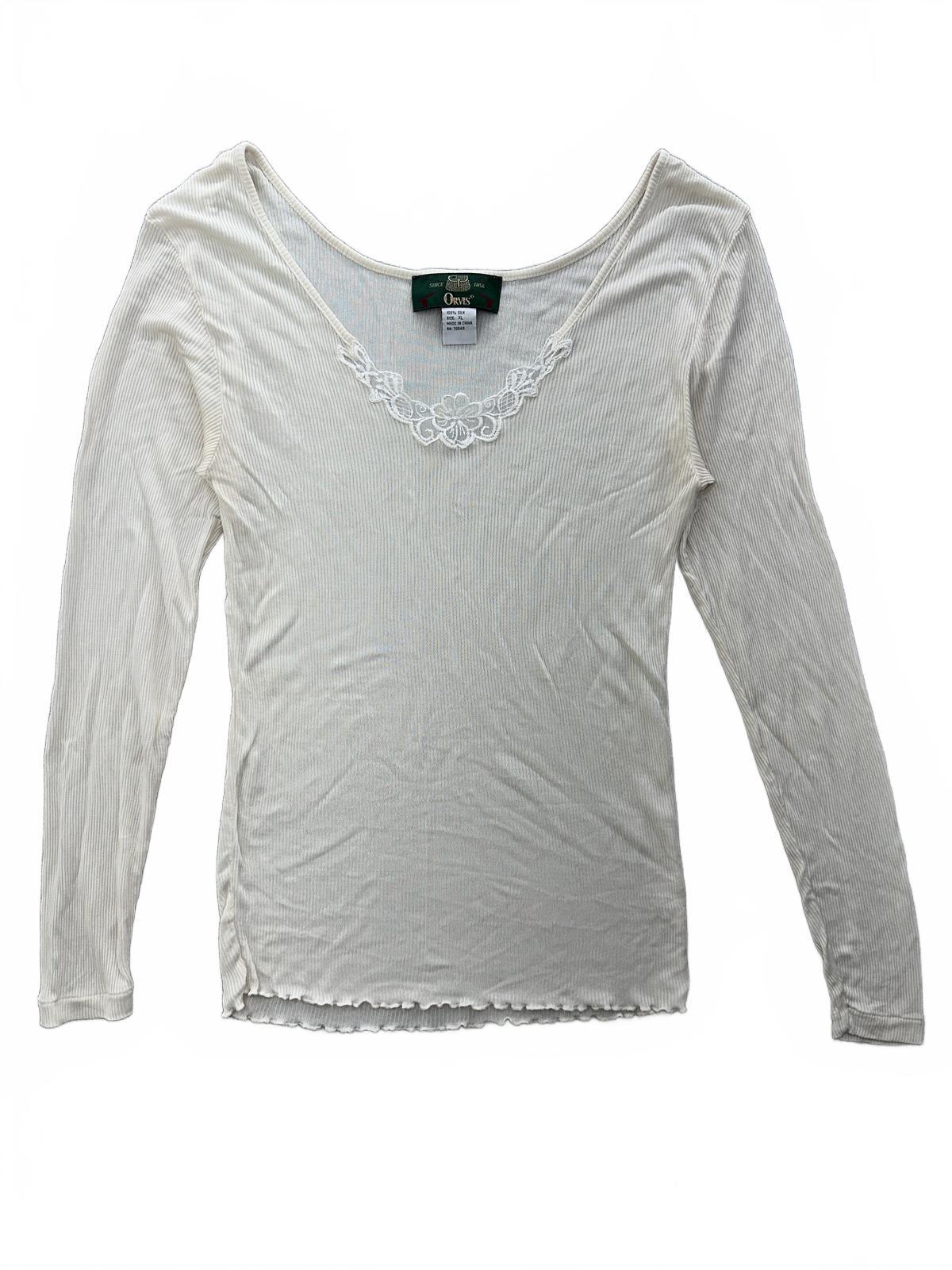 Orvis Cream Silk Ribbed Long Sleeve Top with Floral Embroidery