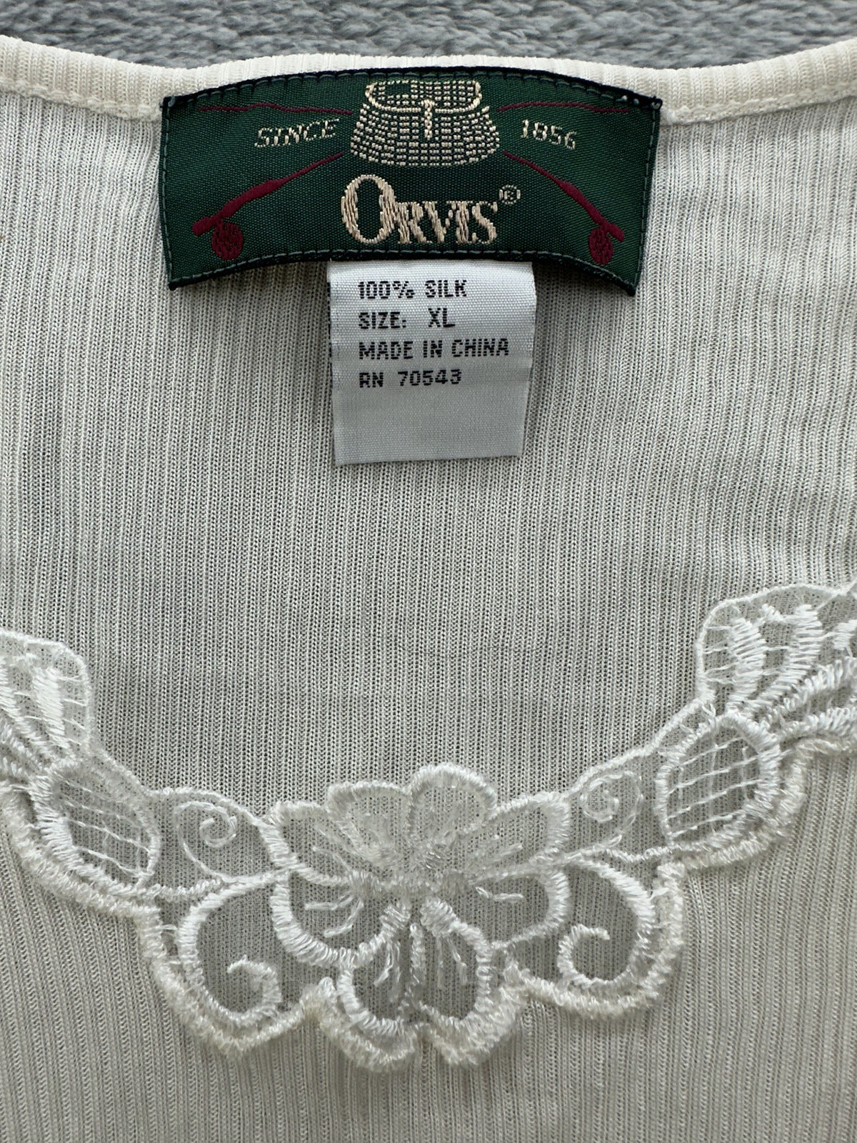 Orvis Cream Silk Ribbed Long Sleeve Top with Floral Embroidery