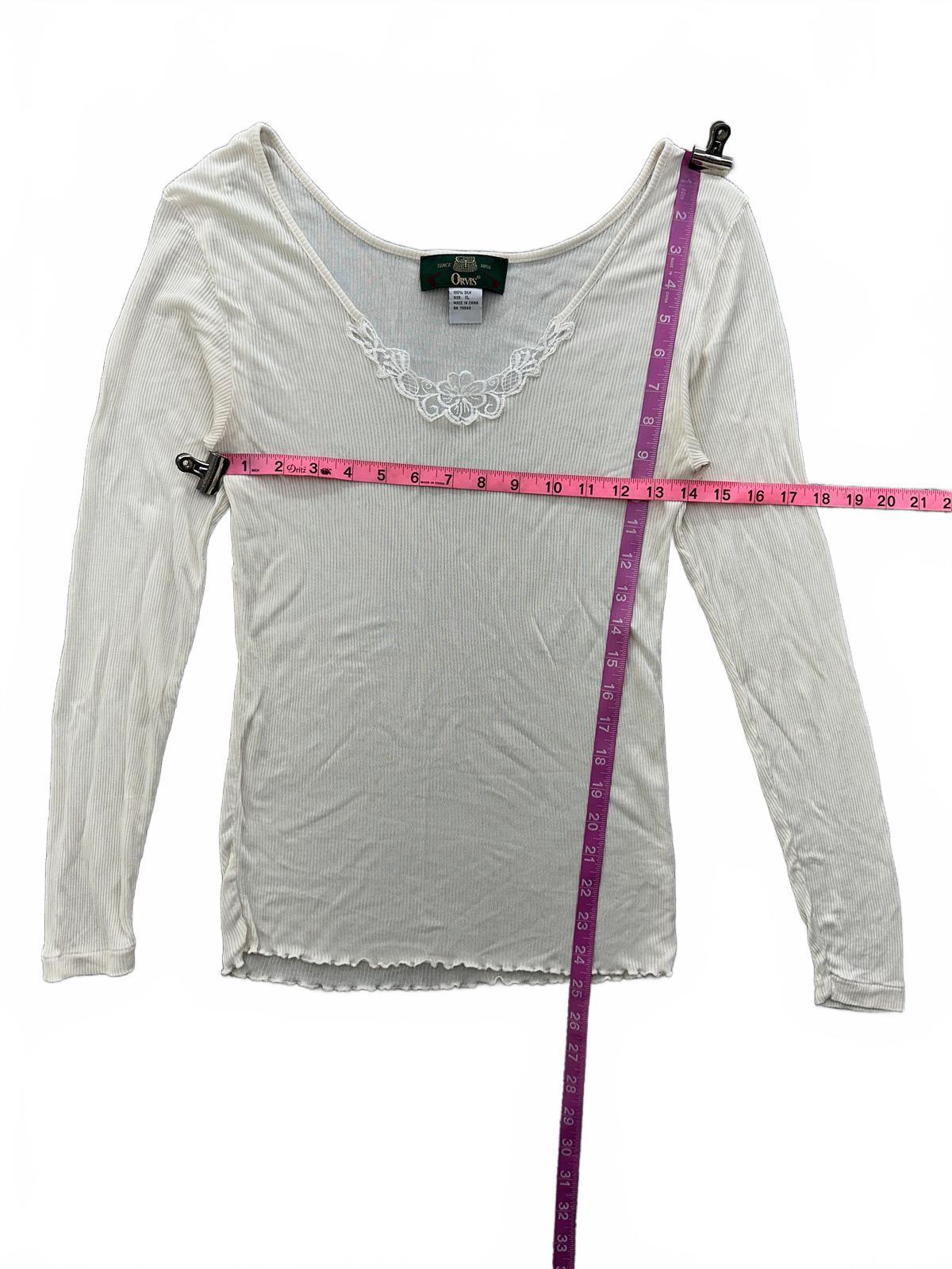 Orvis Cream Silk Ribbed Long Sleeve Top with Floral Embroidery
