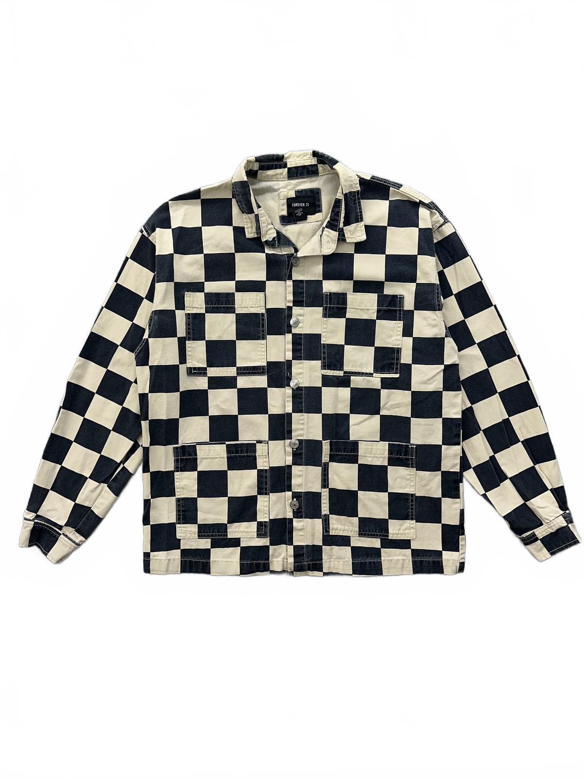 FOREVER 21 Men's Black and Cream Checkerboard Button Up Jacket