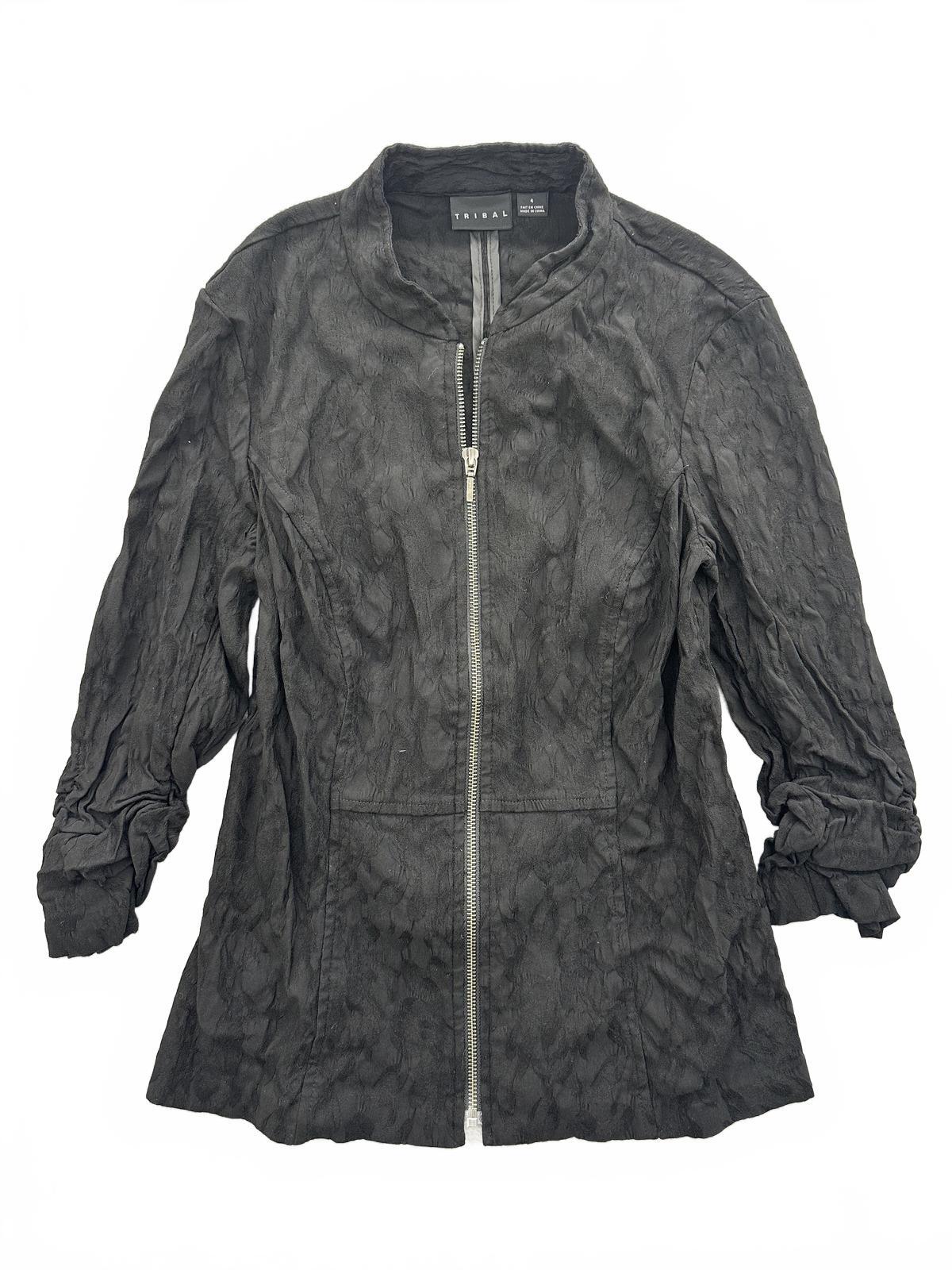 Tribal Black Textured Zip Up Jacket with Ruched Sleeves