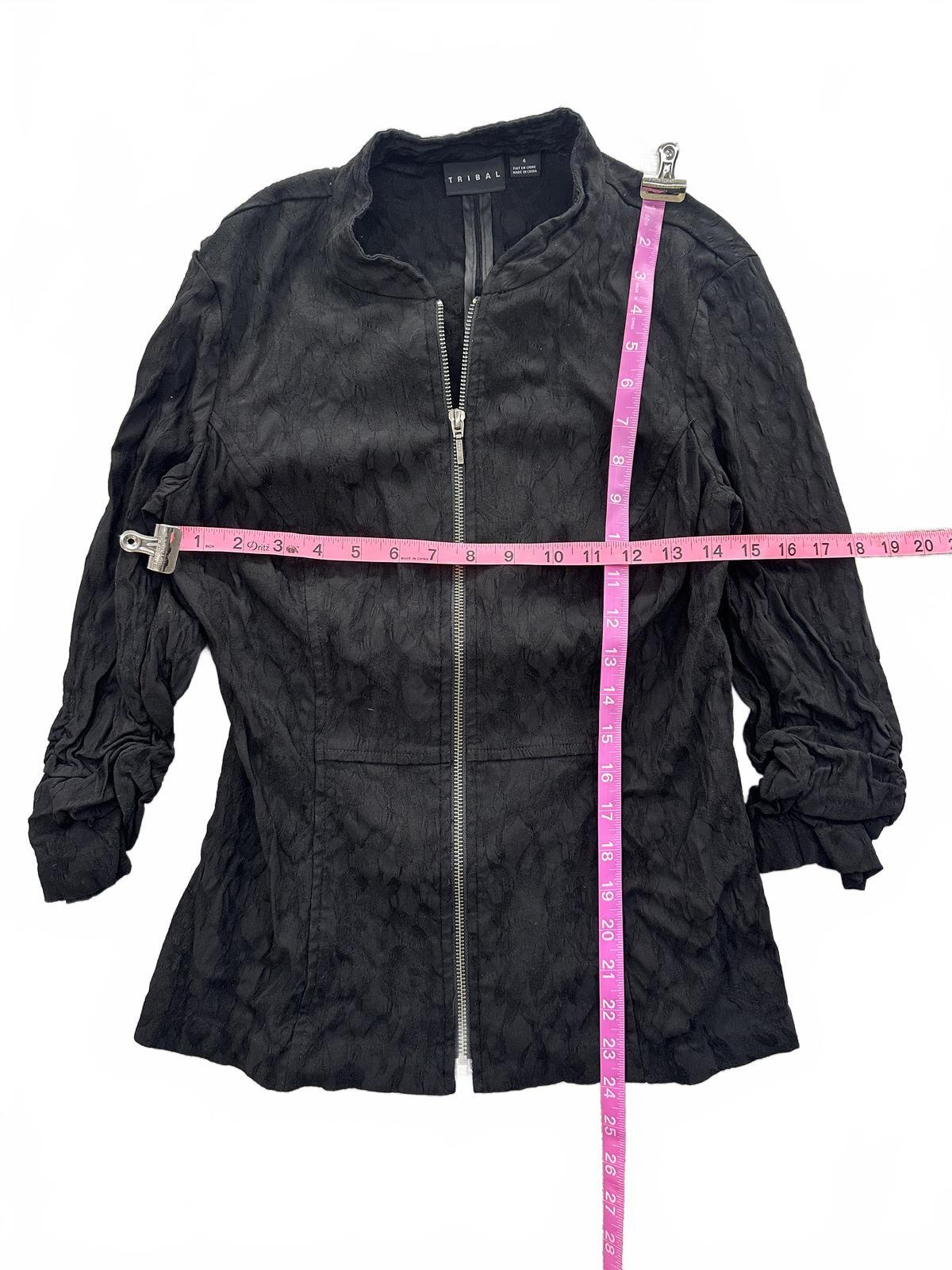 Tribal Black Textured Zip Up Jacket with Ruched Sleeves