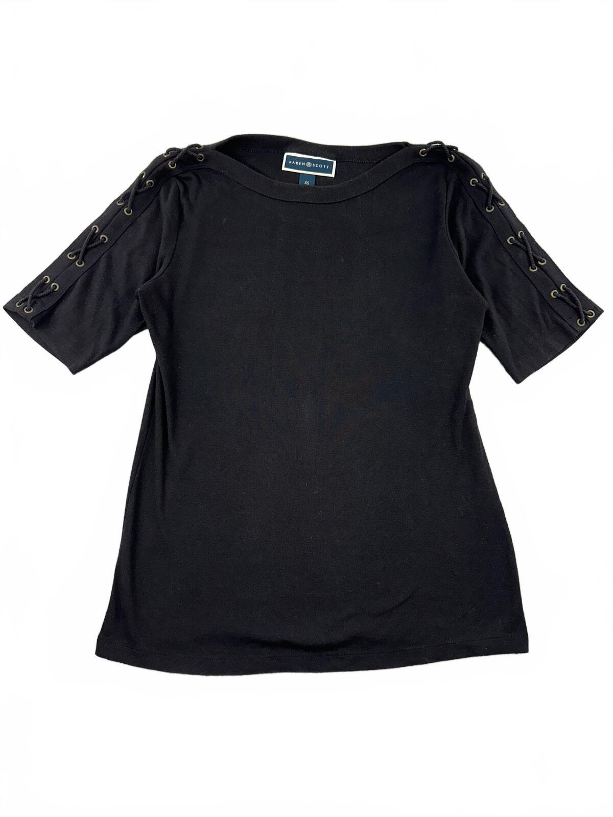 Karen Scott Black Lace Up Sleeve Top