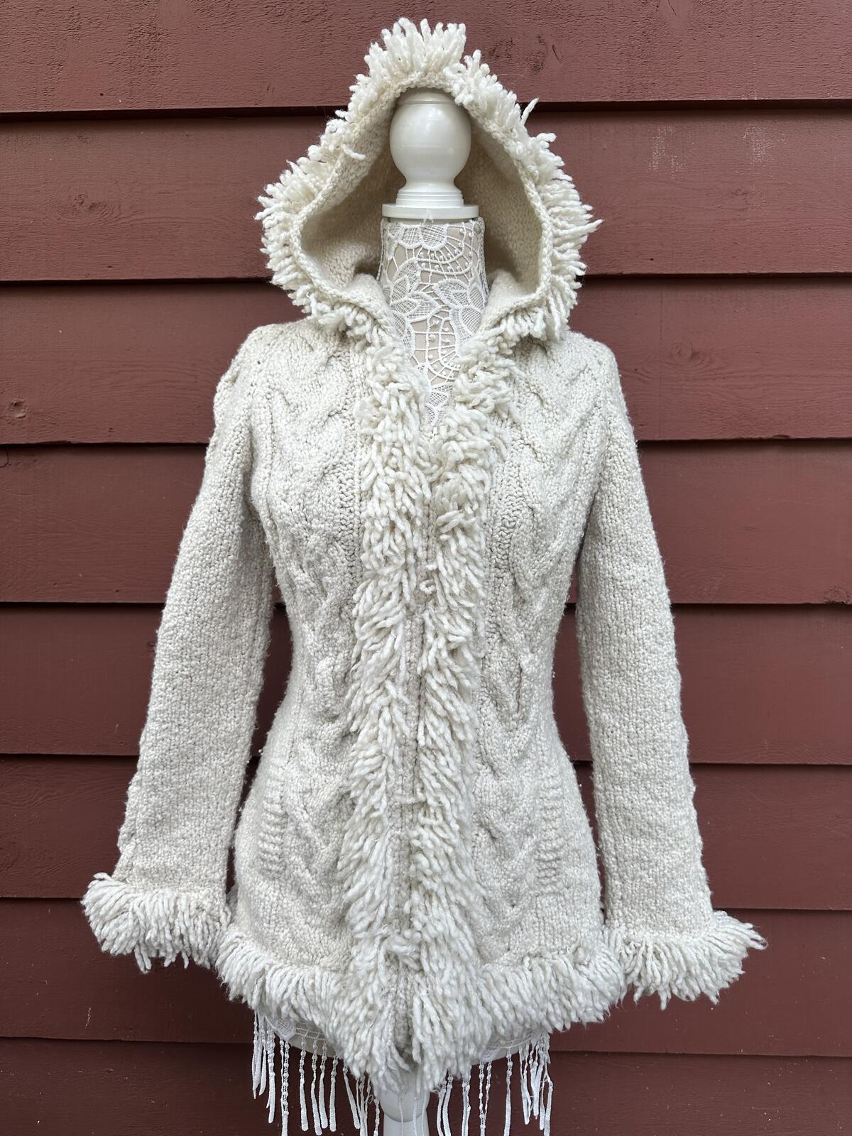 Amano Artesanias Cream Hooded Fringe Knit Cardigan