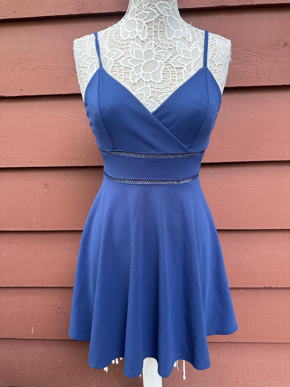 Jun & Ivy Blue Fit and Flare Dress with Spaghetti Straps and Wrap Style Bodice