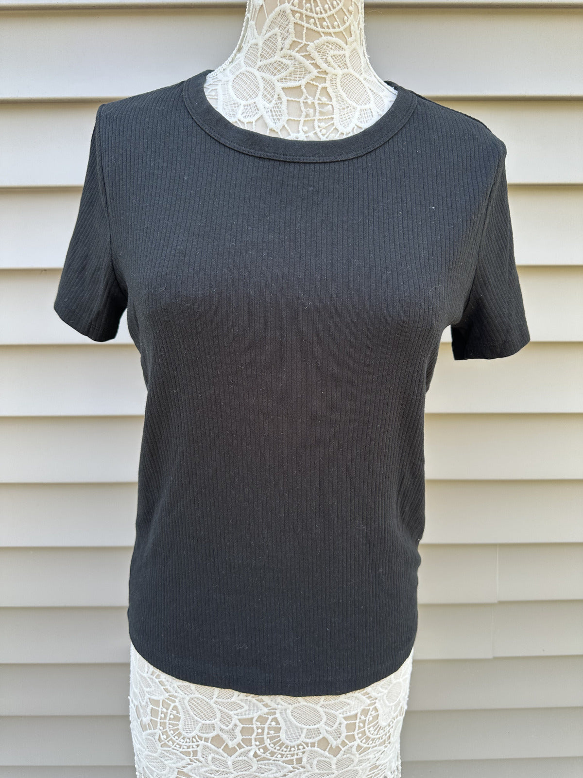 a new day Black Ribbed T Shirt Minimalist Casual
