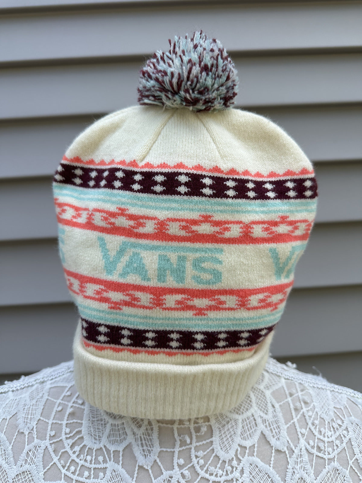 VANS Beanie Cream Burgundy Coral Light Blue Pom Pom Y2K Streetwear