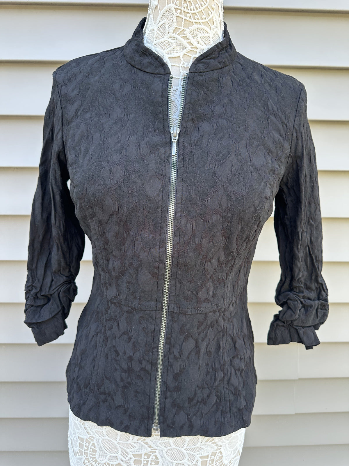 Tribal Black Textured Zip Up Jacket with Ruched Sleeves