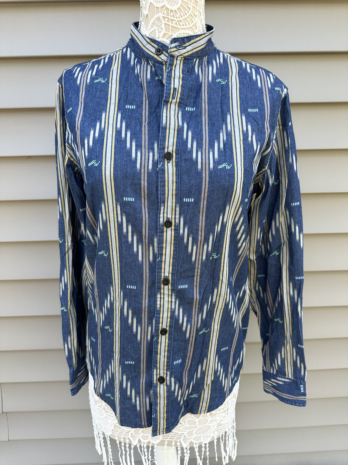 NWT Houston White Men's Button Up Shirt Navy Cream Geometric Pattern