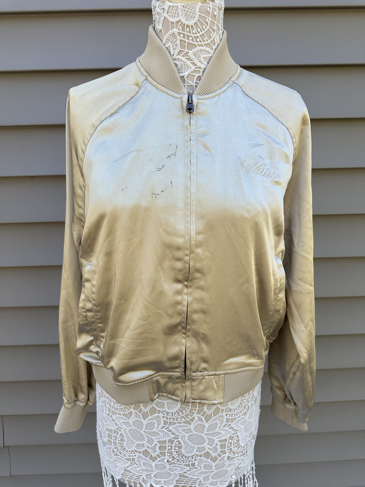 VANS Satin Bomber Jacket Cream Y2K Streetwear Retro