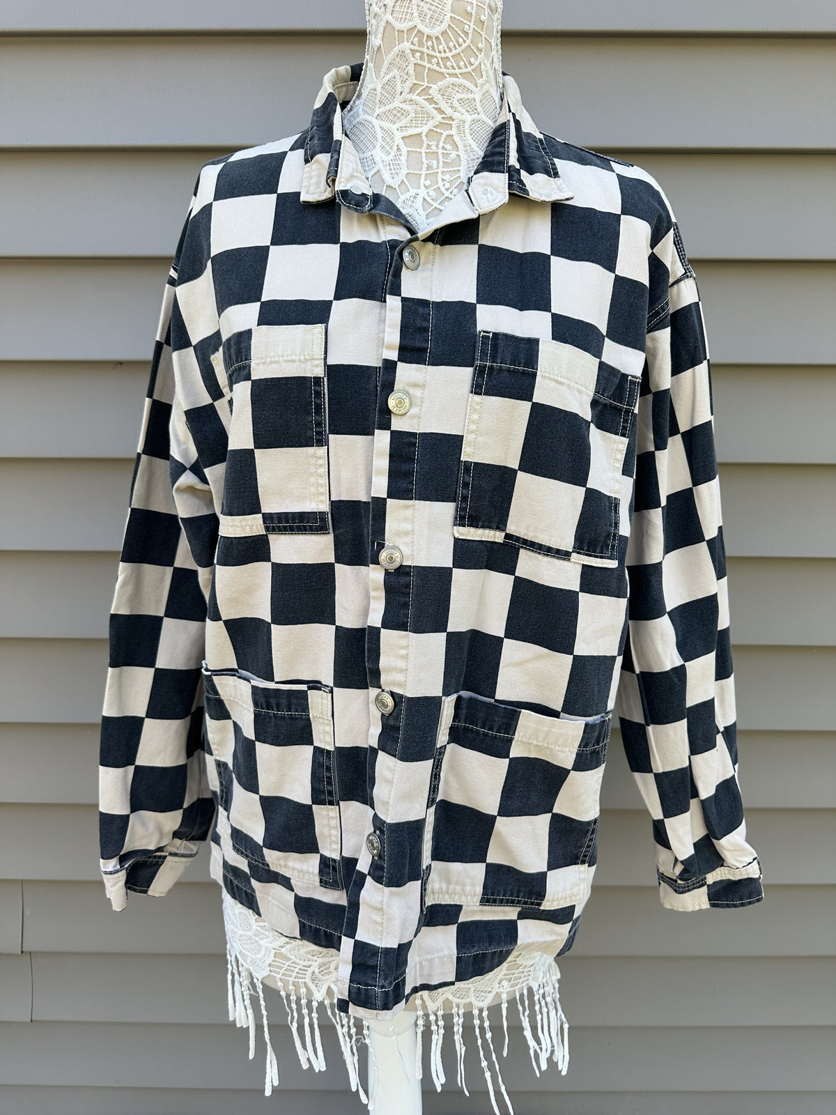 FOREVER 21 Men's Black and Cream Checkerboard Button Up Jacket
