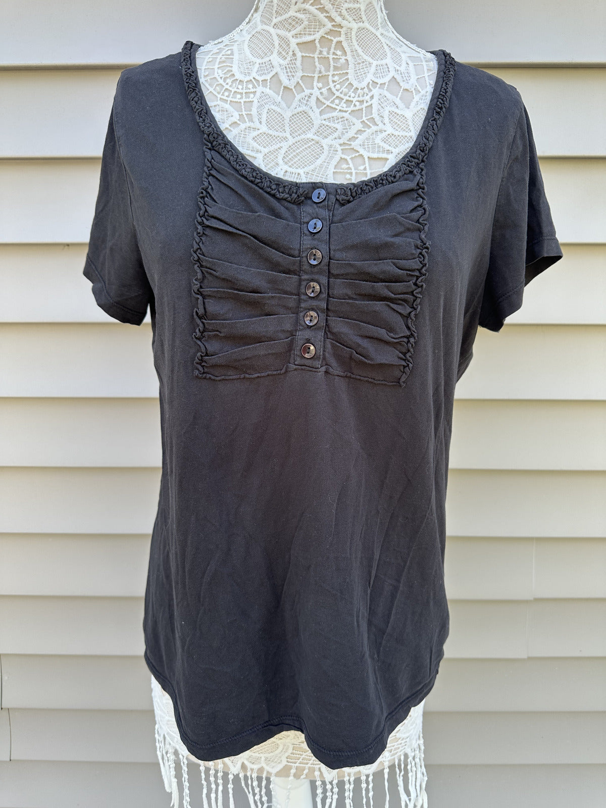 DKNY Jeans Black Short Sleeve Top with Button and Ruched Detail
