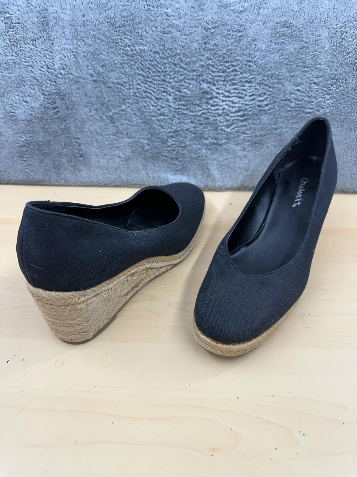 Chadwicks Black Espadrille Wedge Pumps with Rope Trim Minimalist Classic
