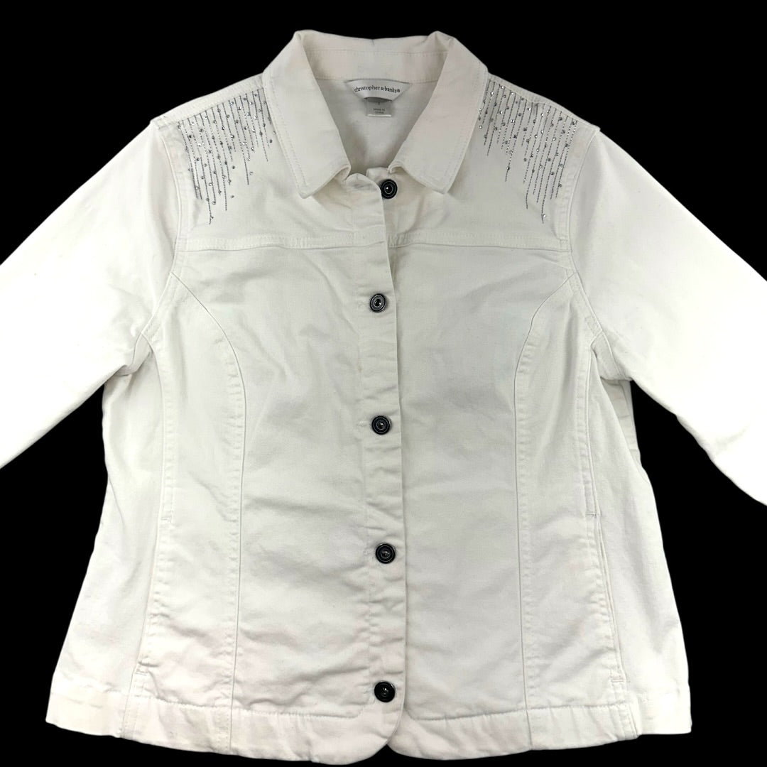 Christopher & Banks Rhinestone Embellished White Denim Jacket