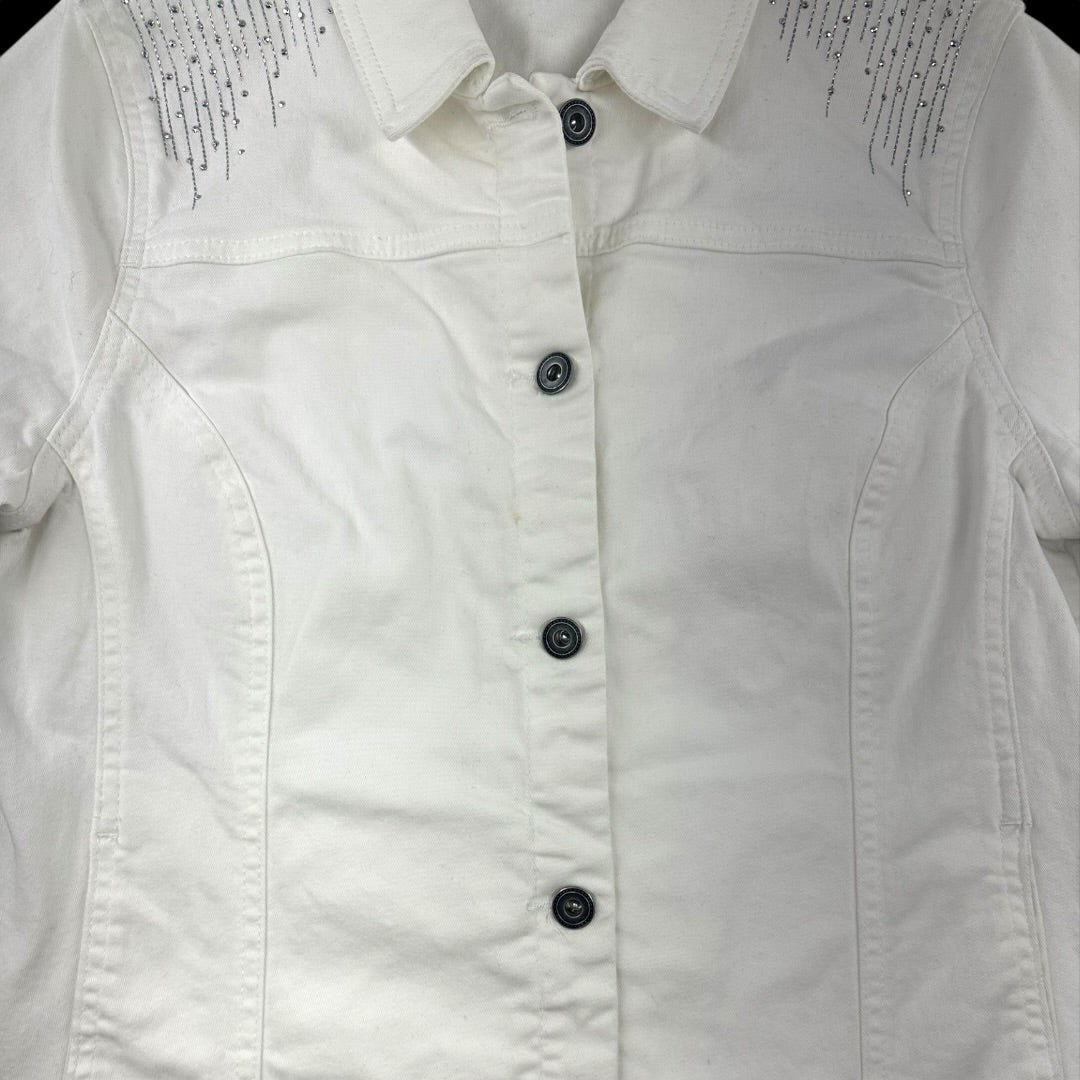 Christopher & Banks Rhinestone Embellished White Denim Jacket