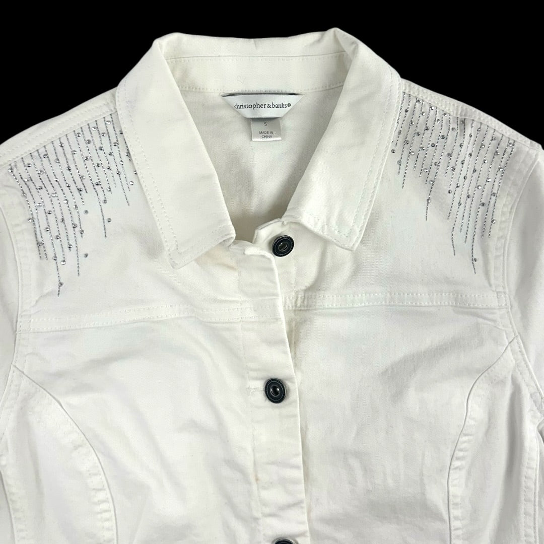 Christopher & Banks Rhinestone Embellished White Denim Jacket