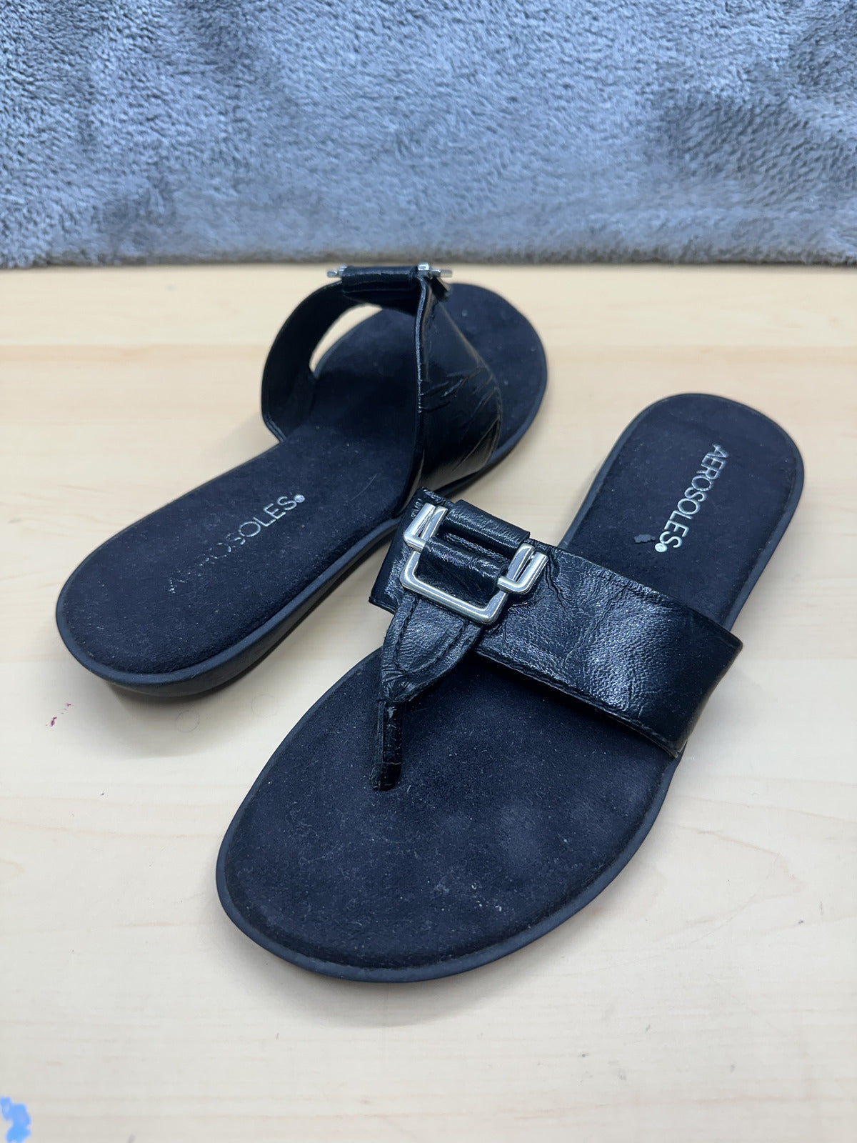 Aerosoles Black Leather Slide Sandals with Buckle Detail