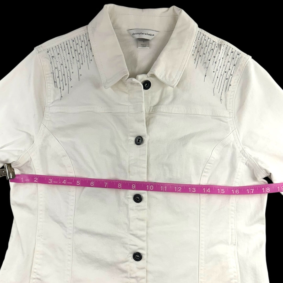 Christopher & Banks Rhinestone Embellished White Denim Jacket
