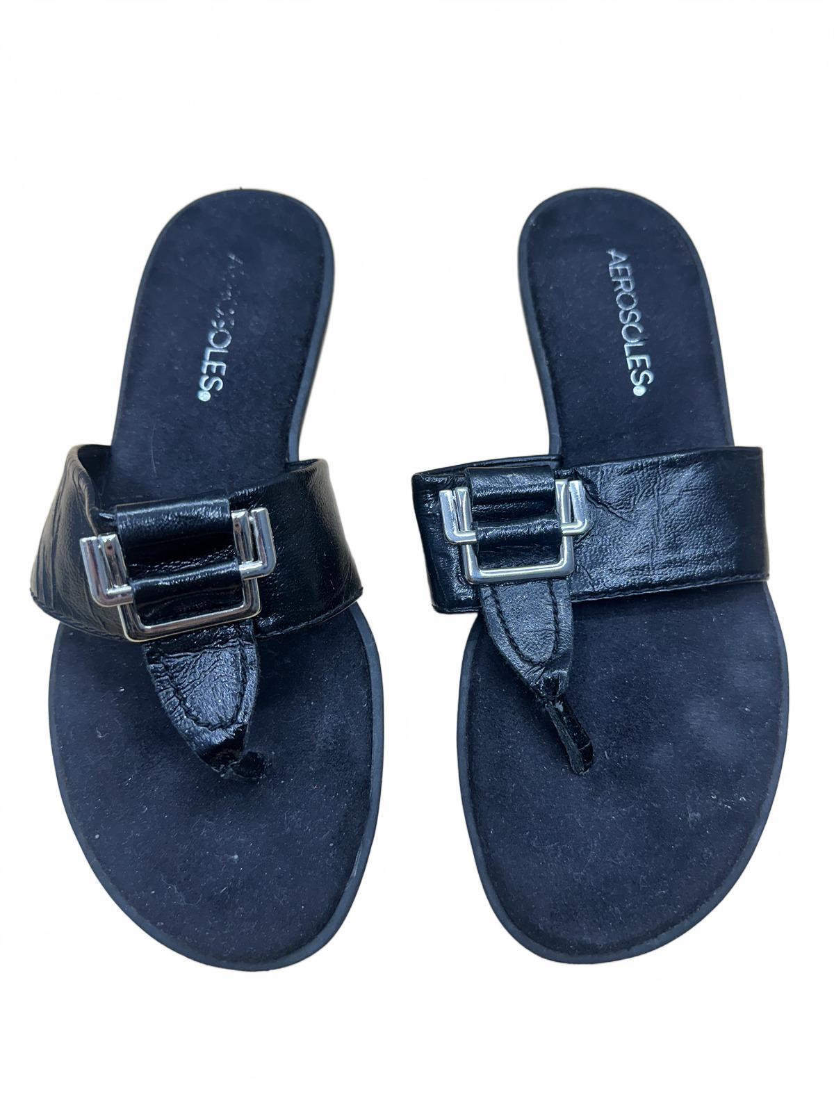Aerosoles Black Leather Slide Sandals with Buckle Detail