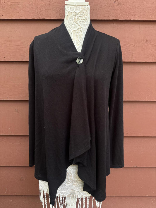 AB Studio Black Draped Open Front Cardigan Minimalist Avant Garde Style