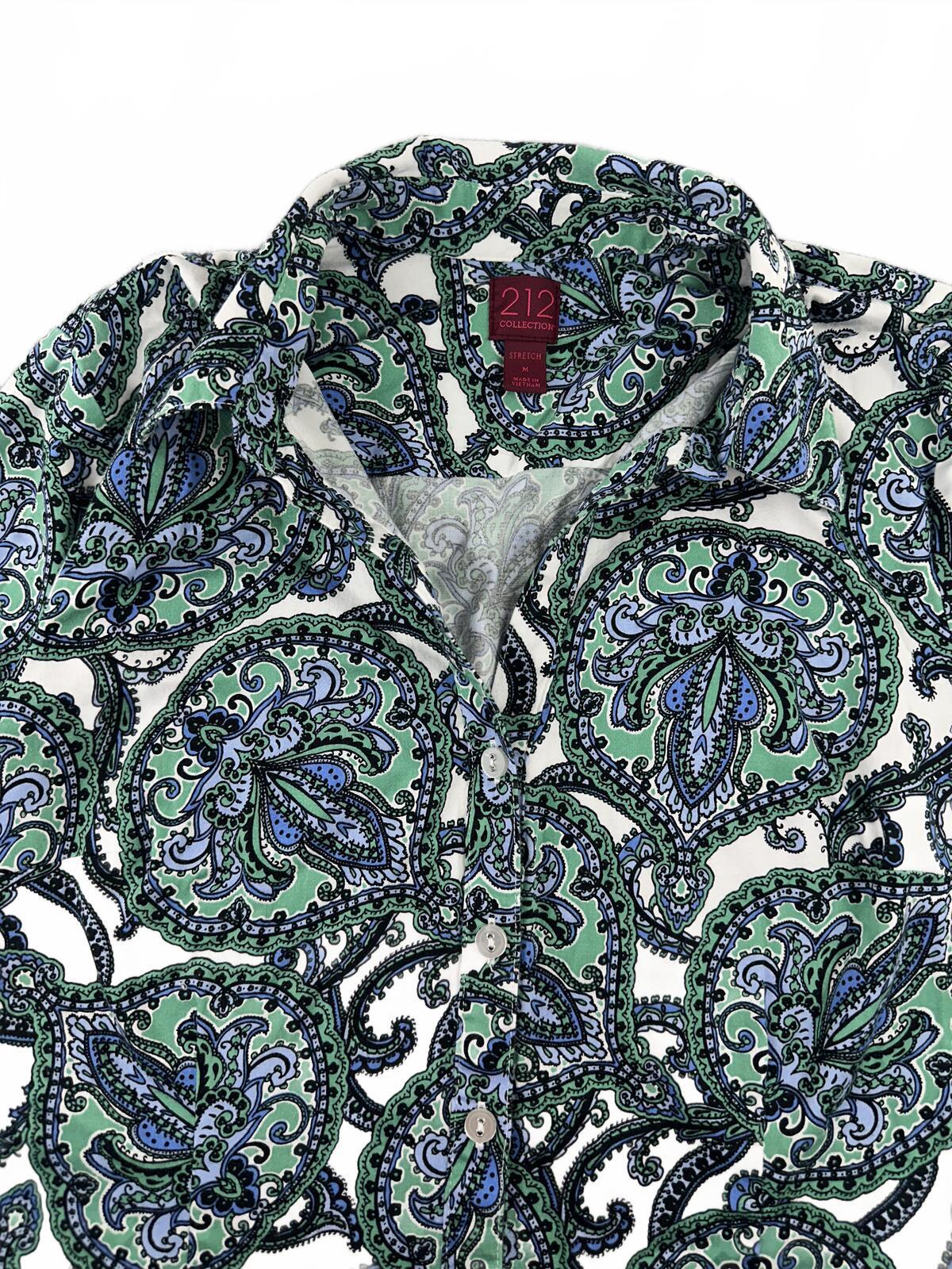 212 Collection Y2K Boho Paisley Print Button Up Blouse in Green and Blue