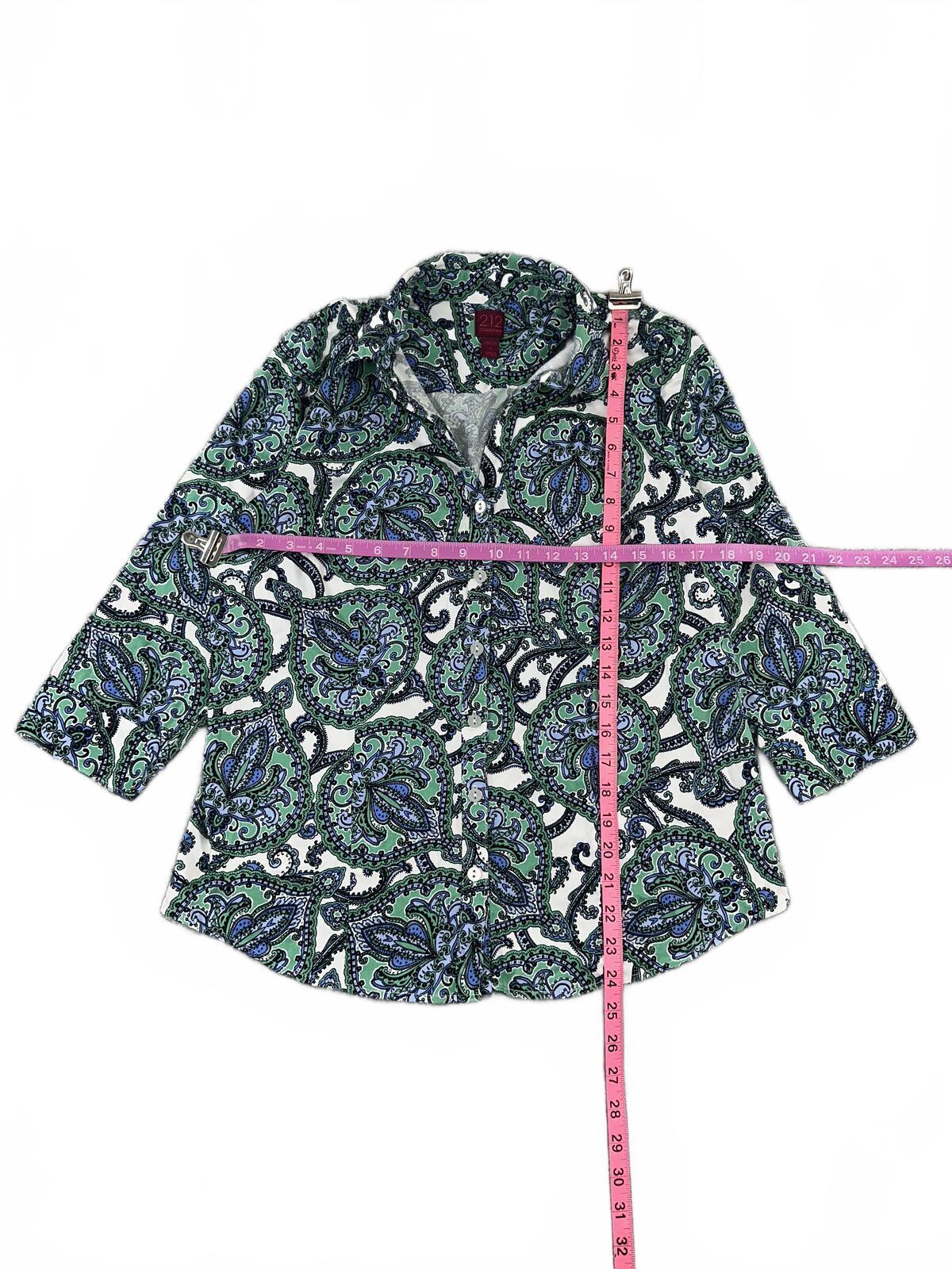 212 Collection Y2K Boho Paisley Print Button Up Blouse in Green and Blue