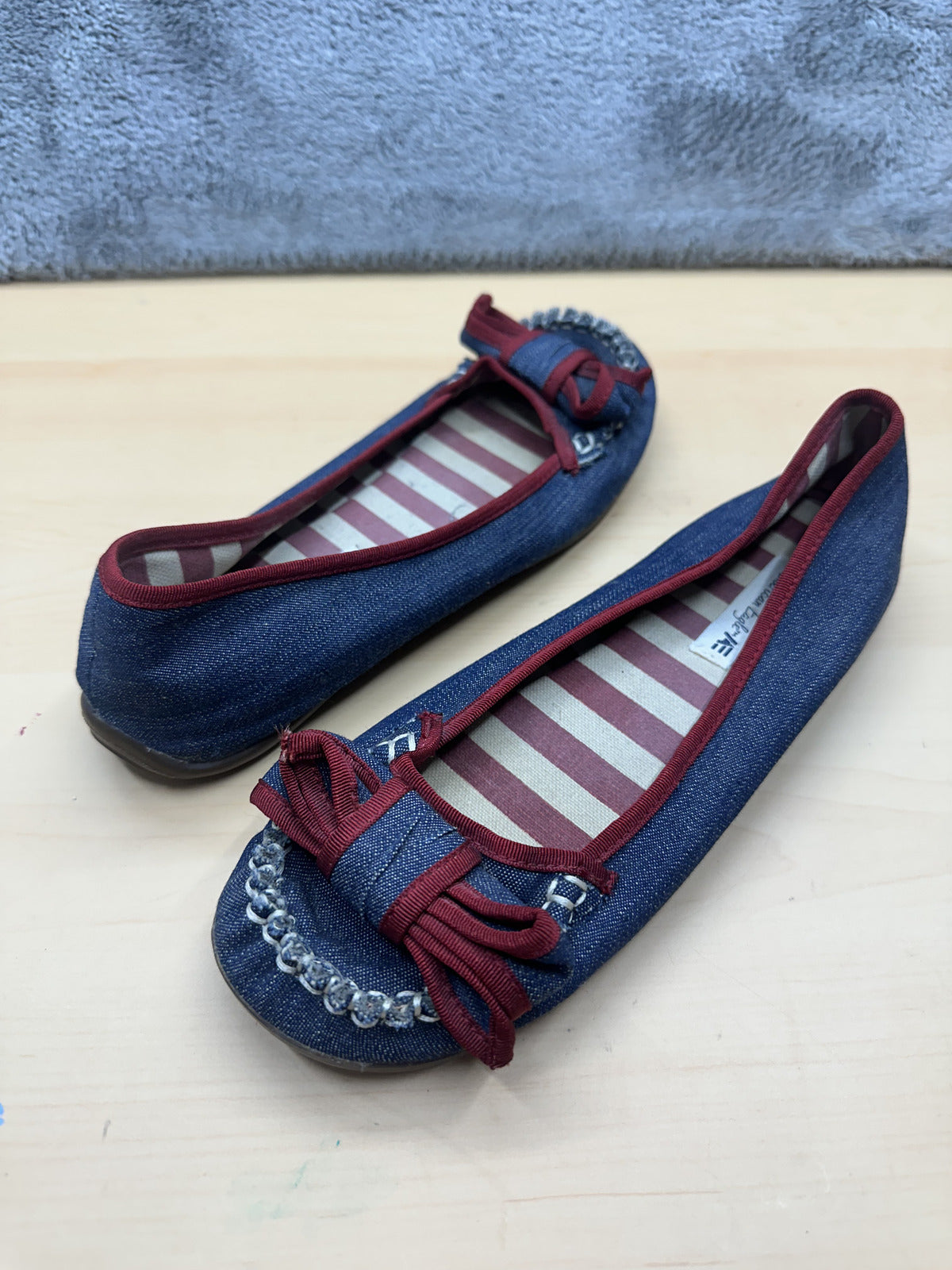 American Eagle Denim Ballet Flats with Burgundy Bow Trim