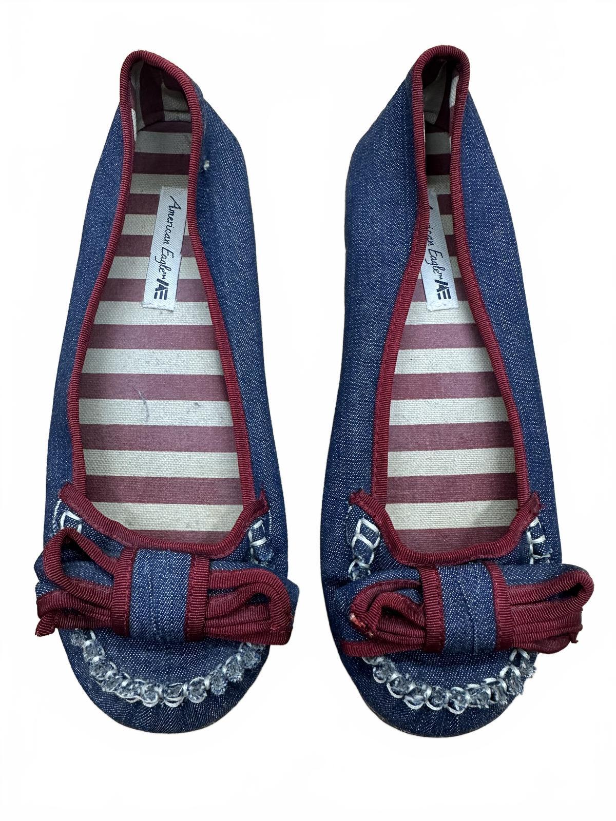 American Eagle Denim Ballet Flats with Burgundy Bow Trim