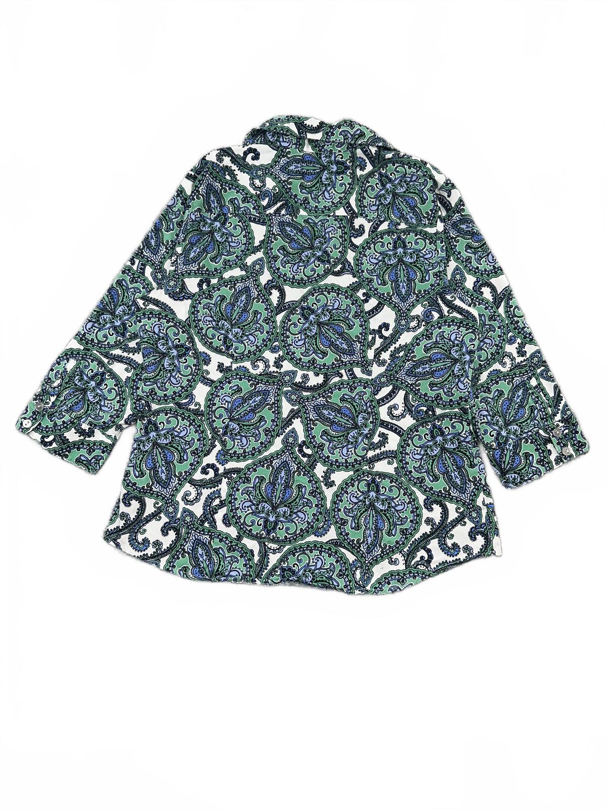 212 Collection Y2K Boho Paisley Print Button Up Blouse in Green and Blue