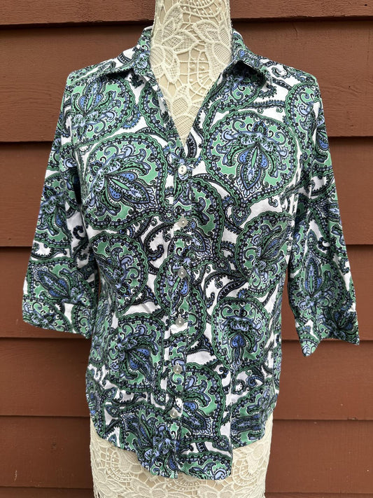 212 Collection Y2K Boho Paisley Print Button Up Blouse in Green and Blue