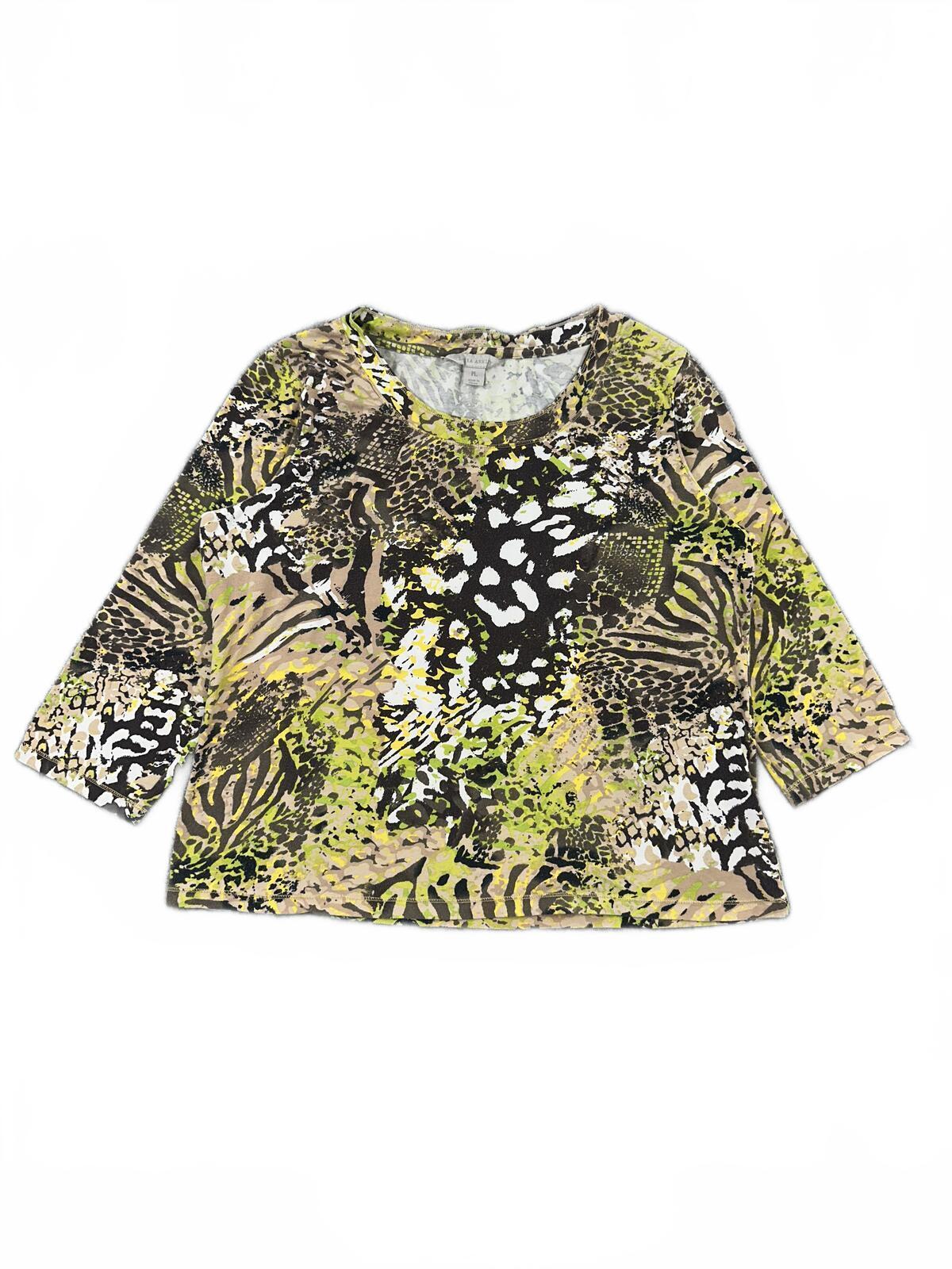 Laura Ashley Y2K Abstract Animal Print Top in Multicolor with 3/4 Sleeves