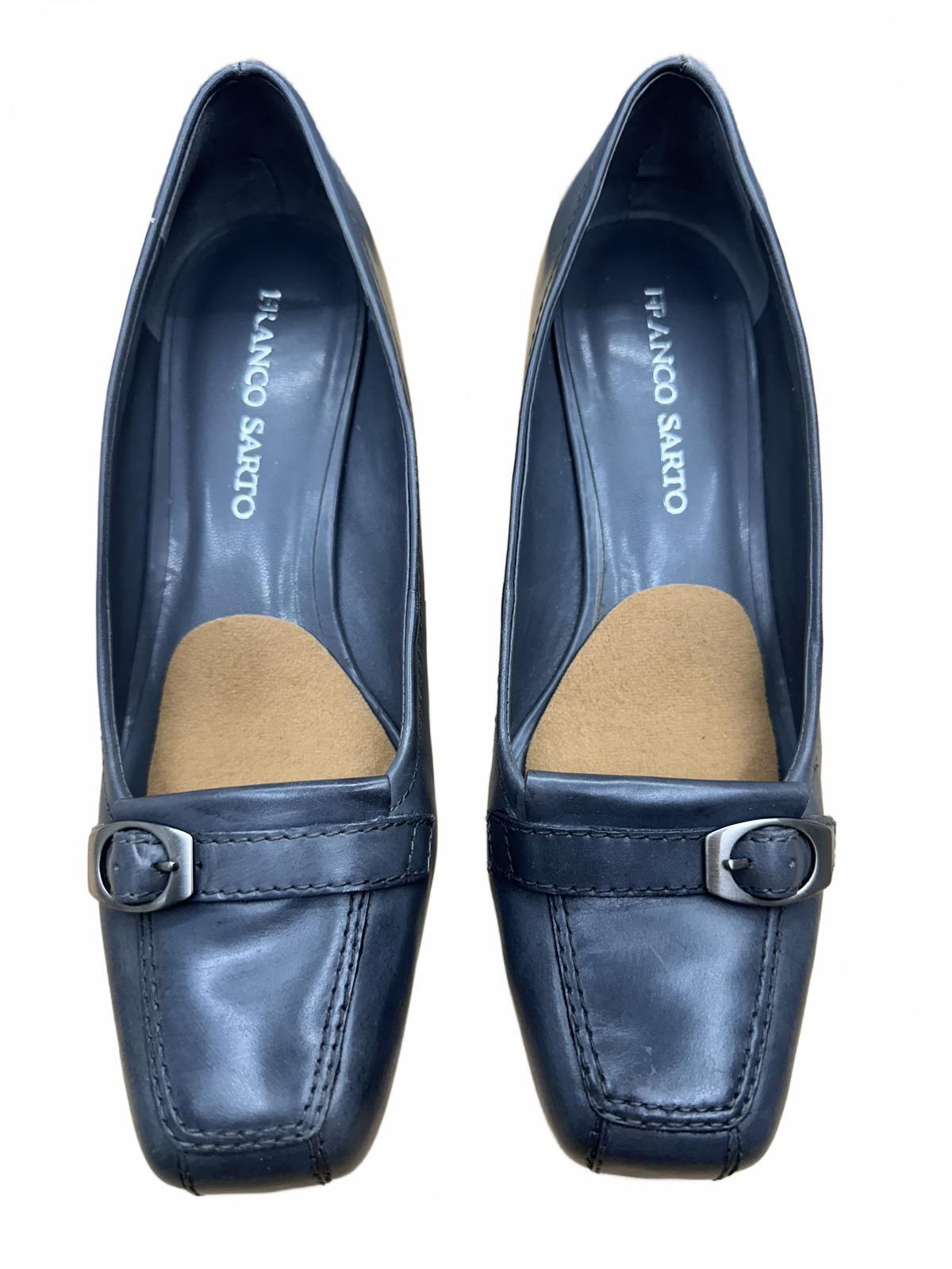 Franco Sarto Classic Black Leather Low Heel Pumps Square Toe Buckle Detail