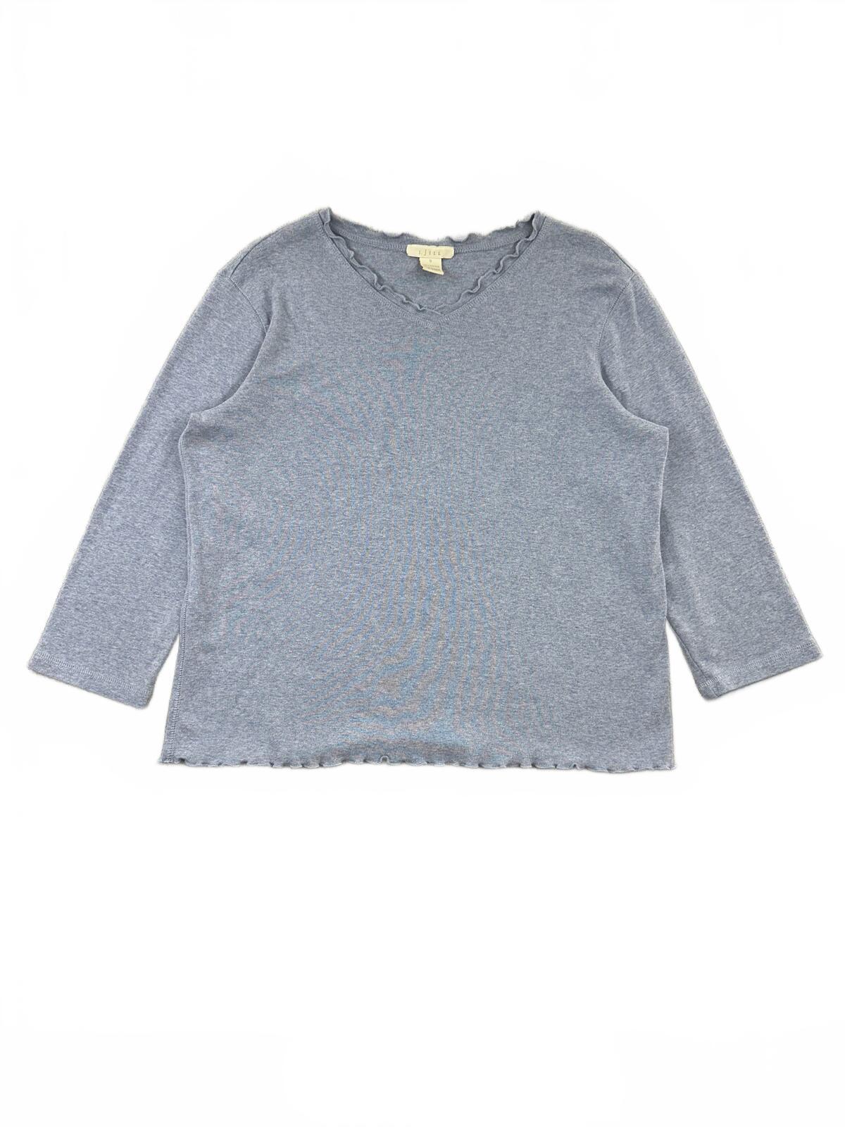 J.Jill Soft Cotton Heathered Blue Gray 3/4 Sleeve Top with Lettuce Trim