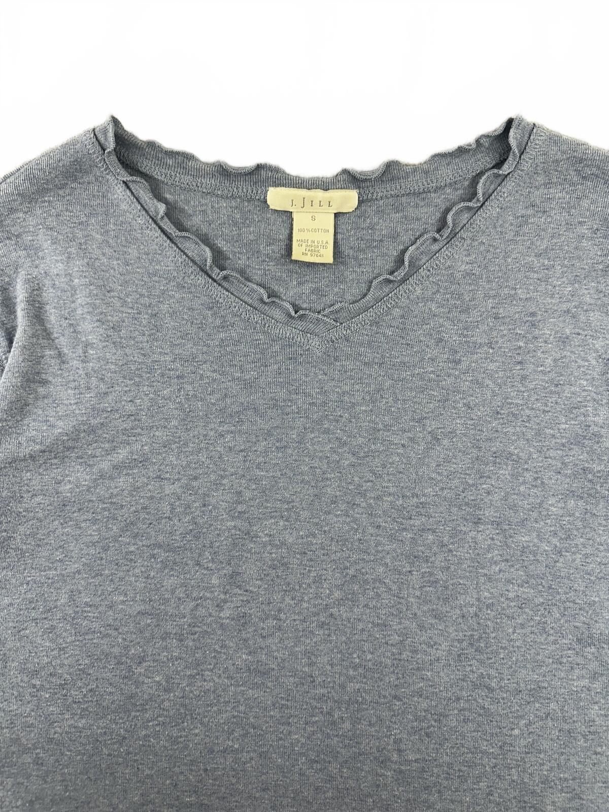 J.Jill Soft Cotton Heathered Blue Gray 3/4 Sleeve Top with Lettuce Trim