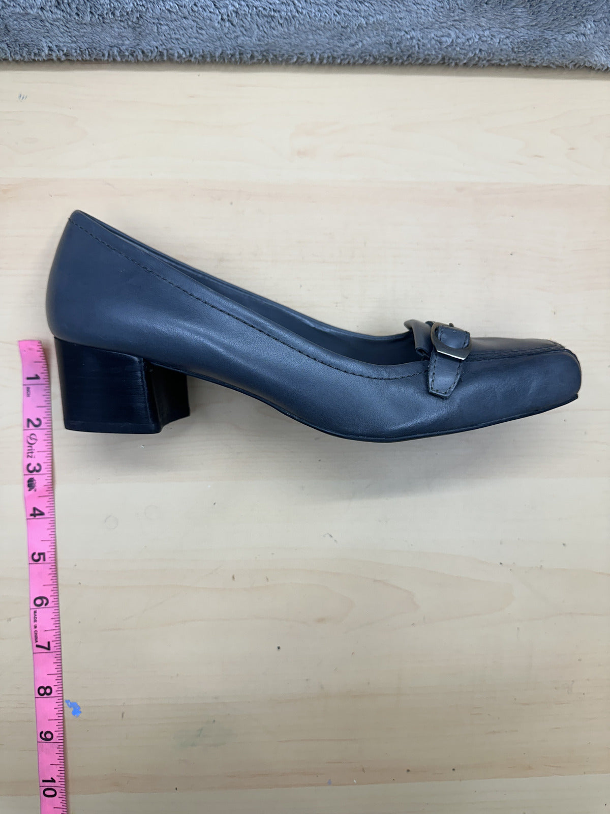 Franco Sarto Classic Black Leather Low Heel Pumps Square Toe Buckle Detail