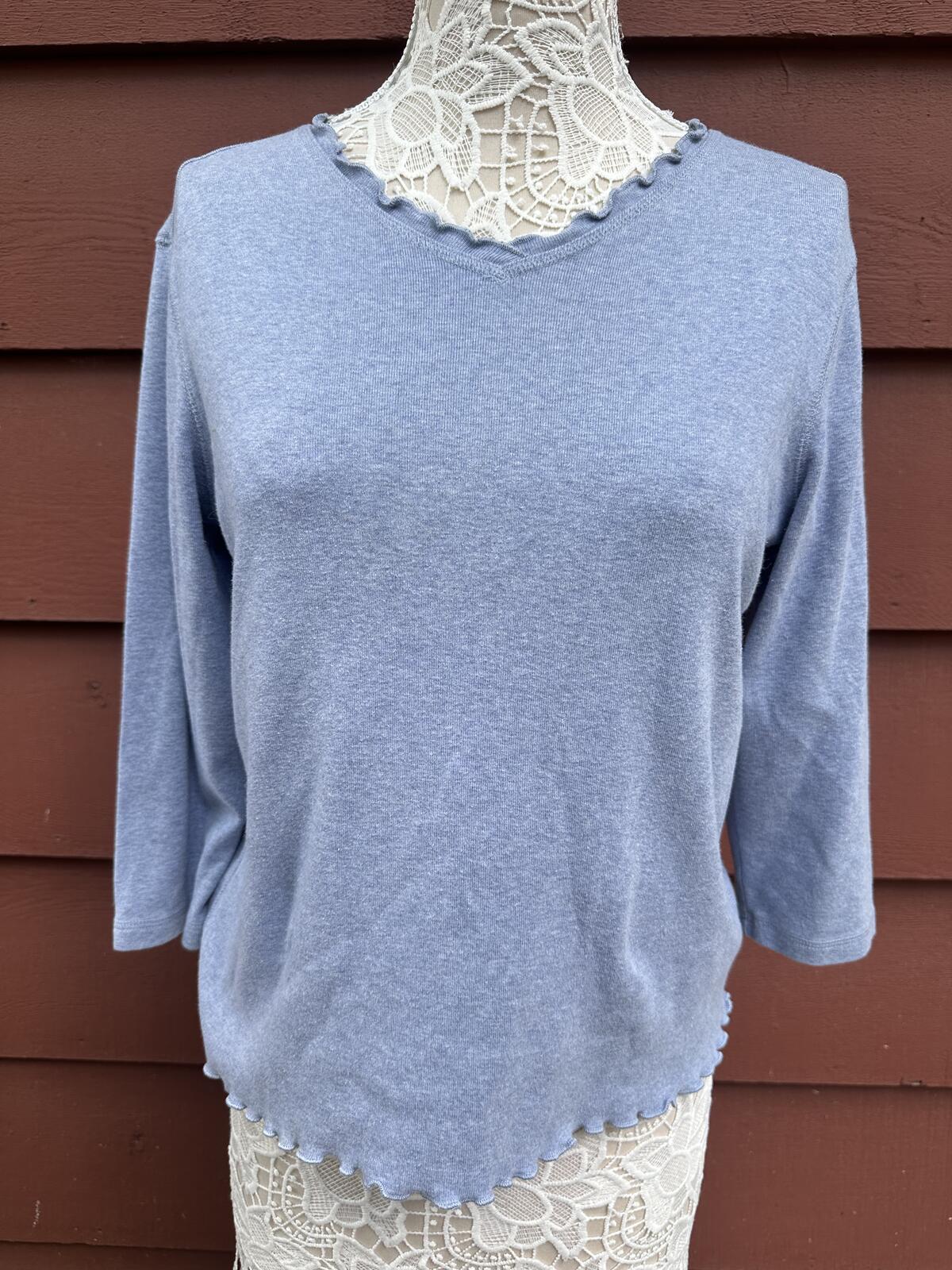 J.Jill Soft Cotton Heathered Blue Gray 3/4 Sleeve Top with Lettuce Trim