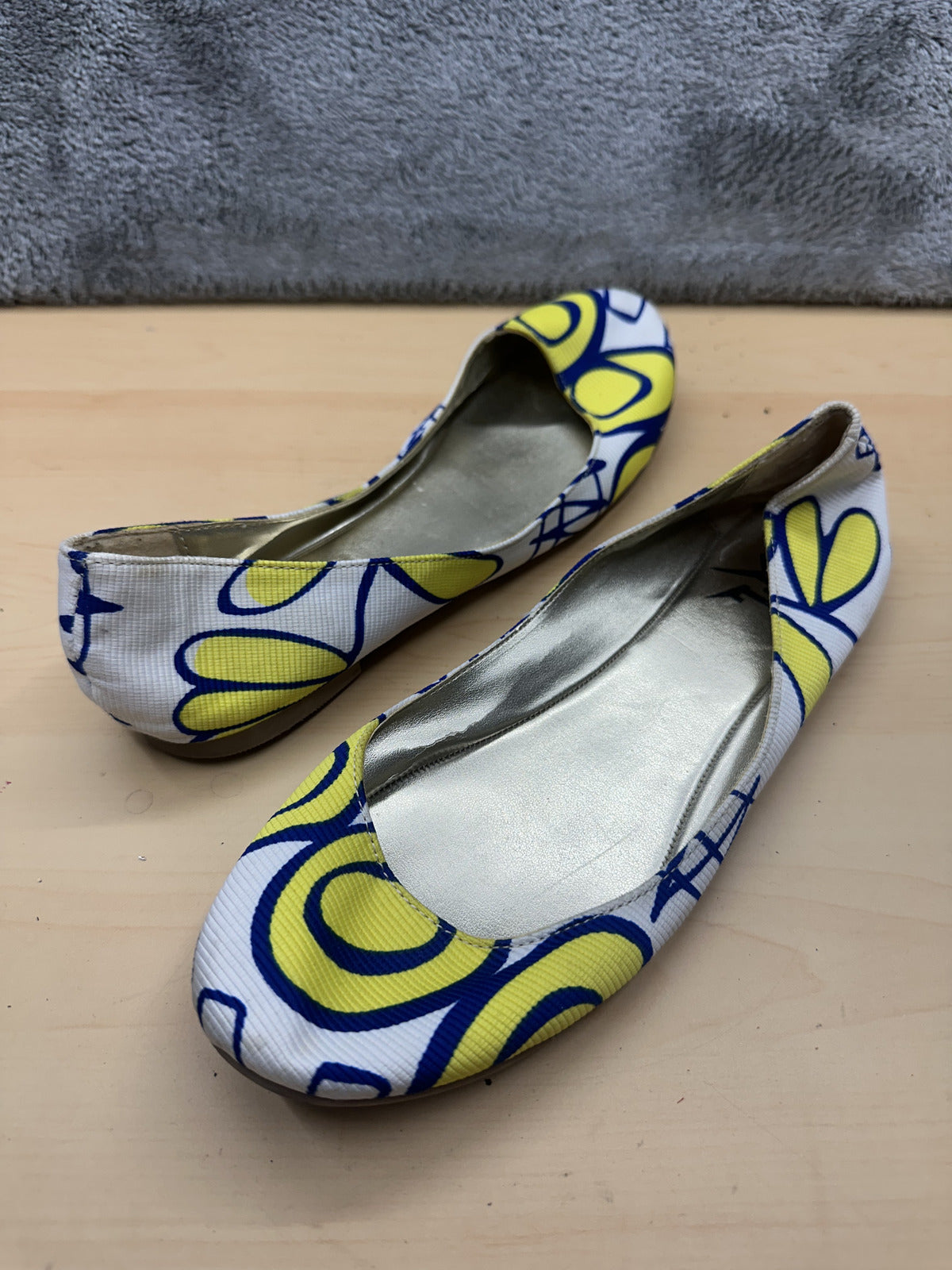 Ballet Flats Yellow Blue Floral Slip On Retro Casual