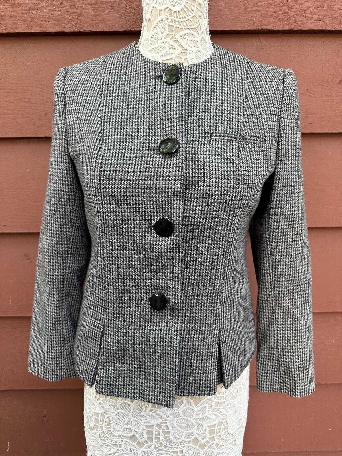 Gilet Vintage Houndstooth Tailored Blazer Jacket Gray Black Cropped Preppy Work