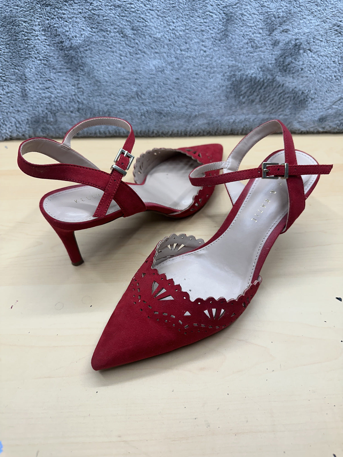 Kelly & Katie Red Suede Pointed Toe Ankle Strap Heels