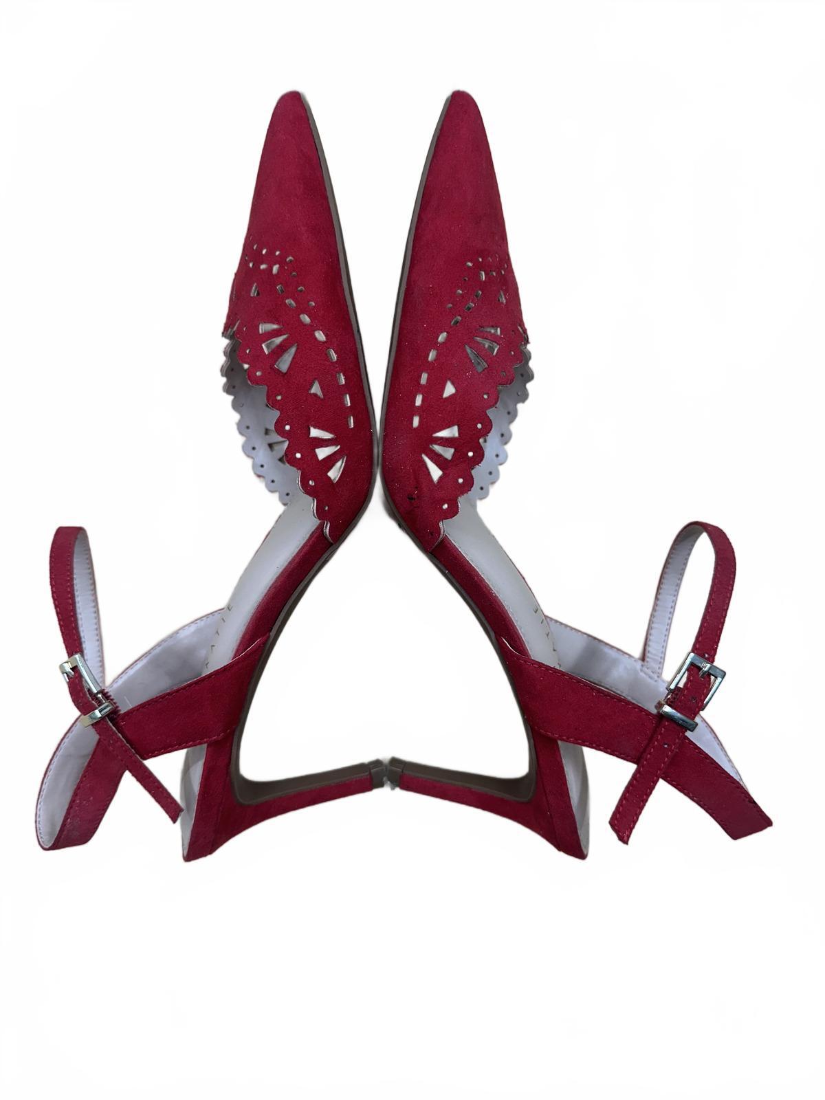 Kelly & Katie Red Suede Pointed Toe Ankle Strap Heels