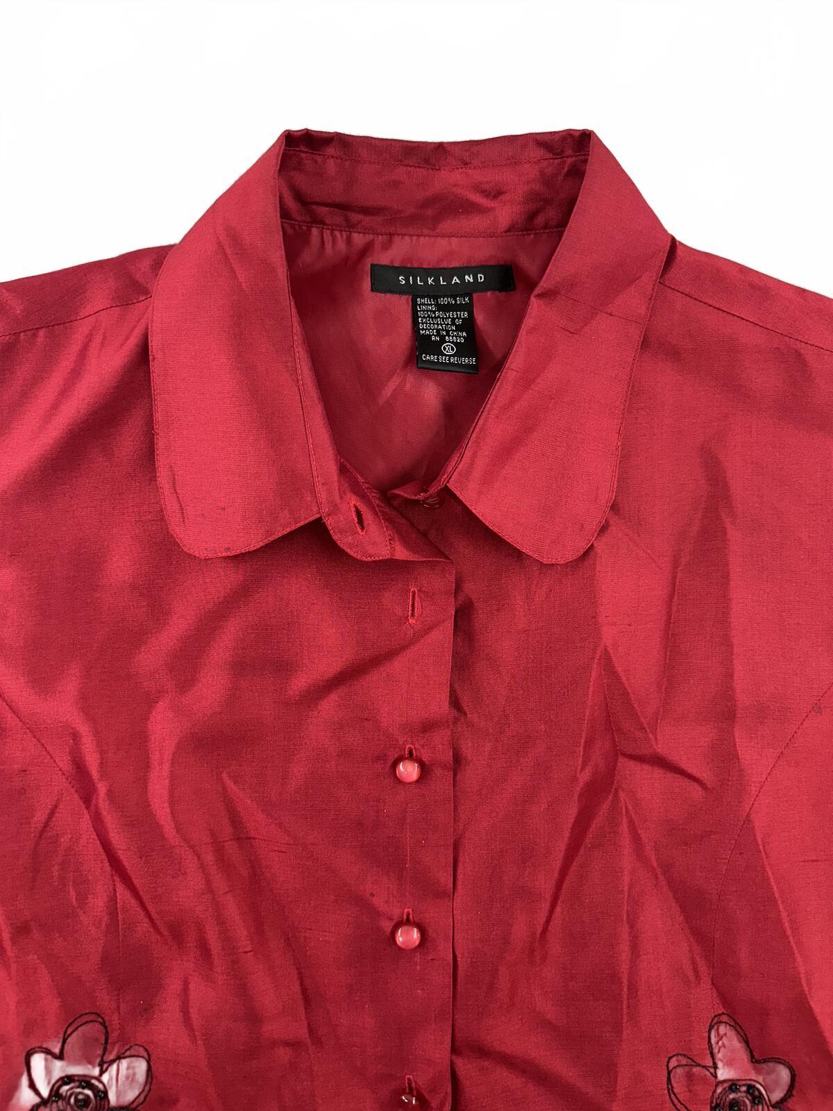 Silkland Red Silk Sleeveless Button Front Vest Blouse with Floral Embroidery Y2K