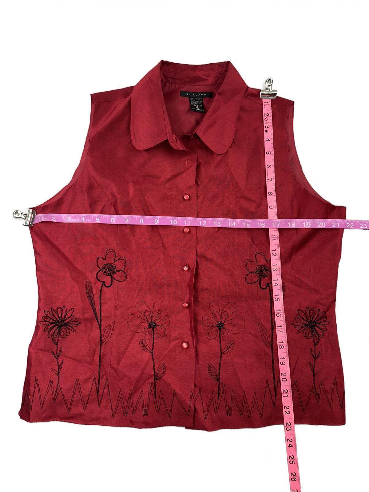 Silkland Red Silk Sleeveless Button Front Vest Blouse with Floral Embroidery Y2K
