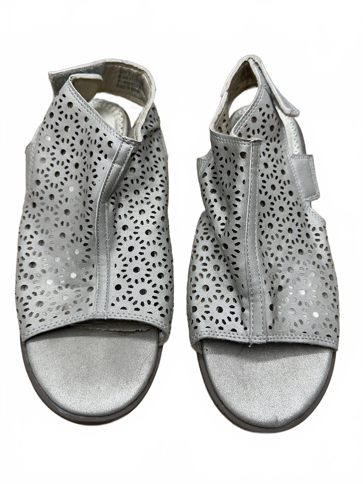 Crown Vintage Silver Laser Cut Peep Toe Sandals with Low Stacked Heel