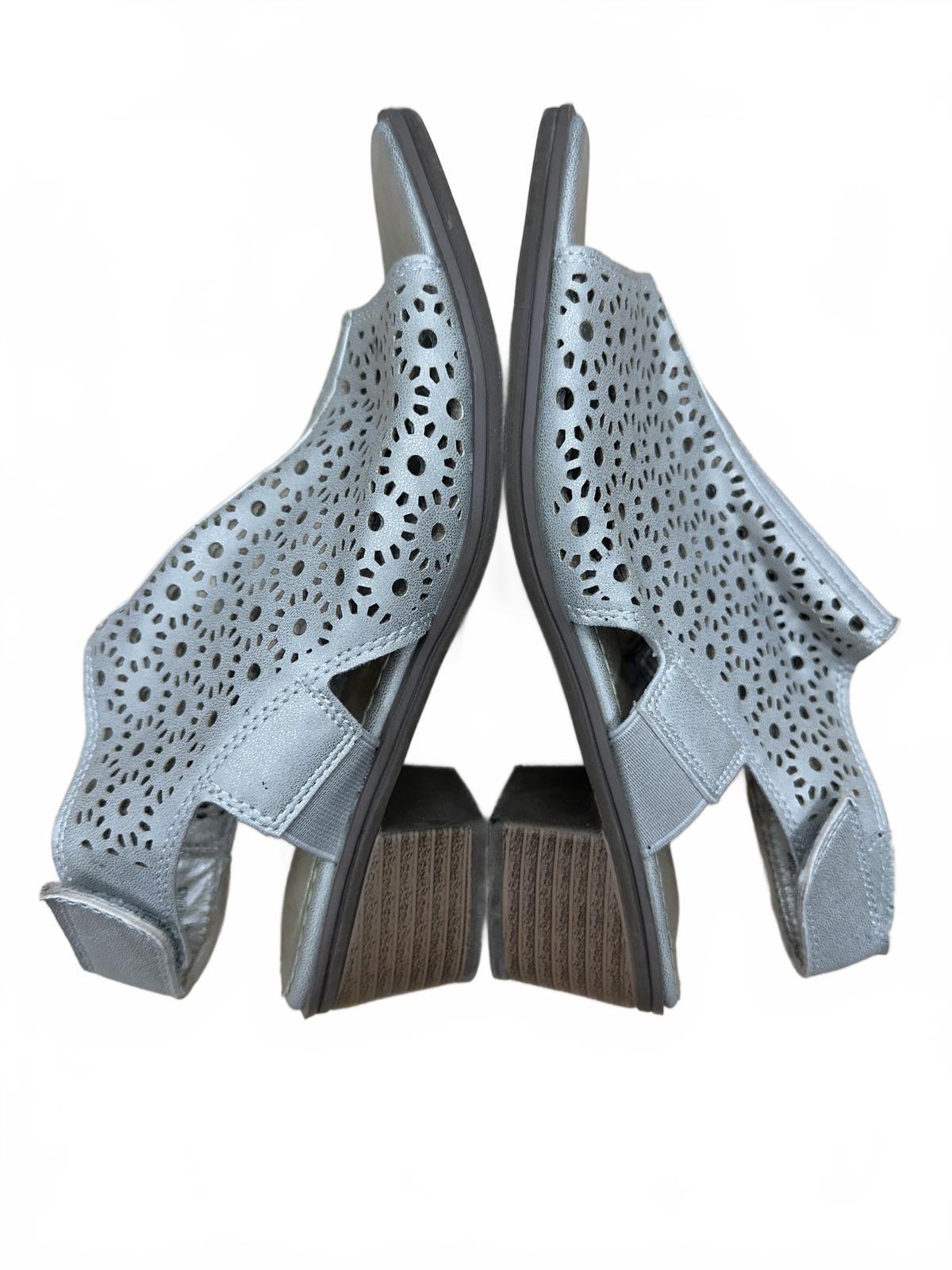 Crown Vintage Silver Laser Cut Peep Toe Sandals with Low Stacked Heel