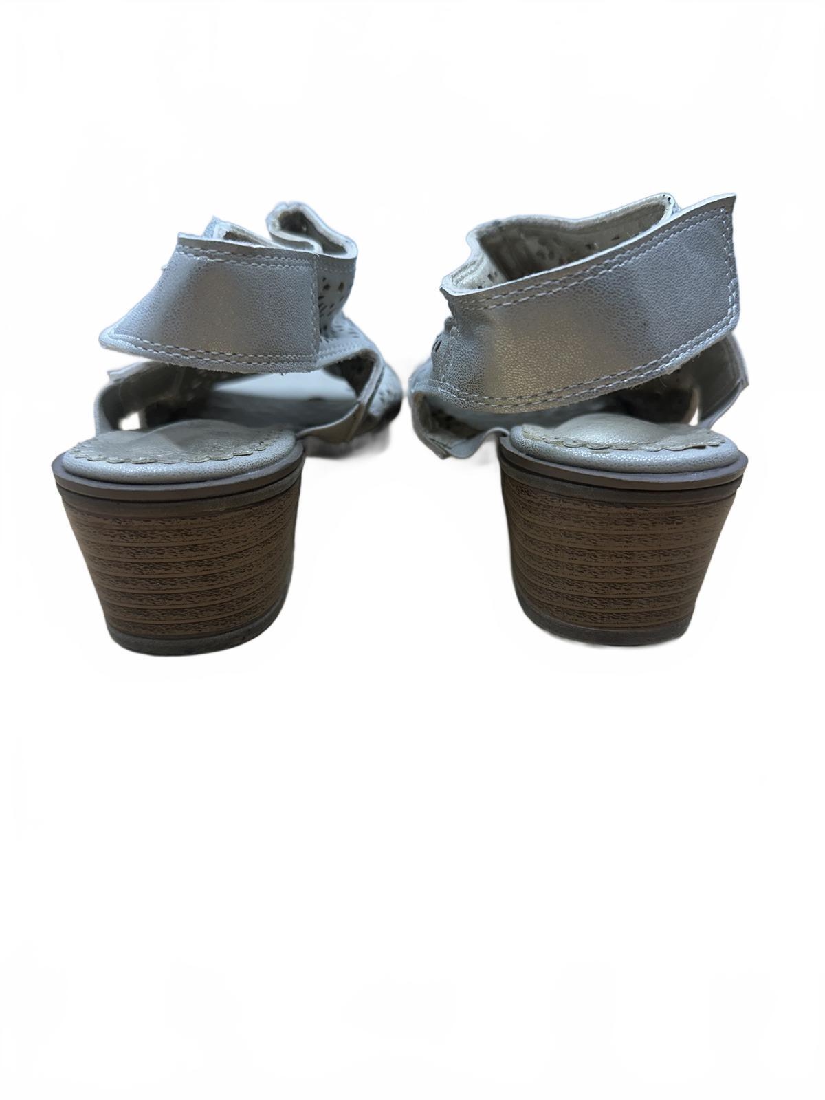 Crown Vintage Silver Laser Cut Peep Toe Sandals with Low Stacked Heel