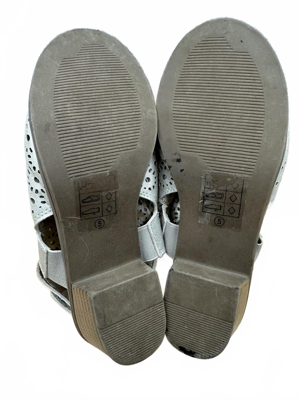 Crown Vintage Silver Laser Cut Peep Toe Sandals with Low Stacked Heel
