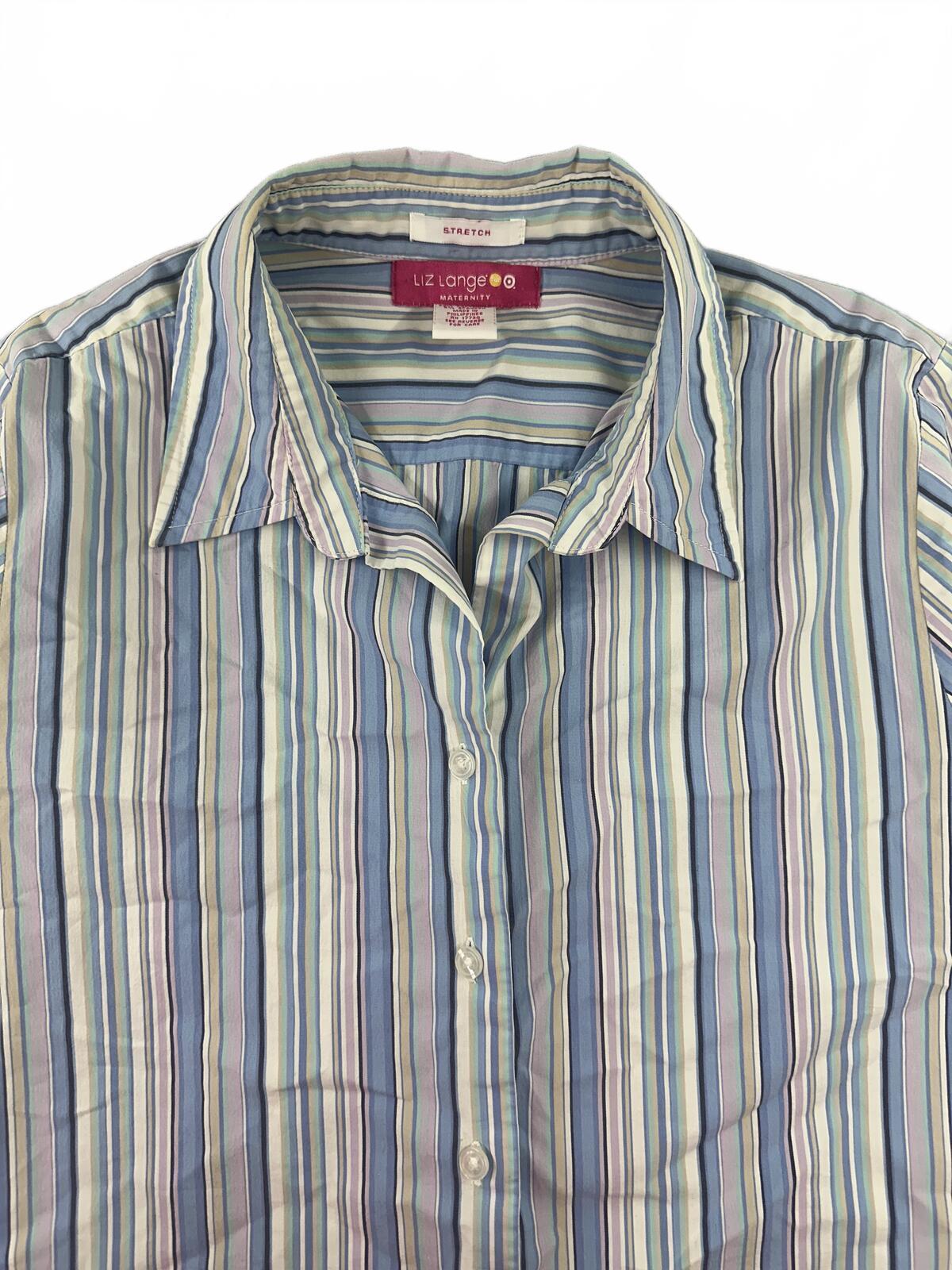 Liz Lange Maternity Striped Button Up Shirt Y2K Preppy Vintage Pastel Blue